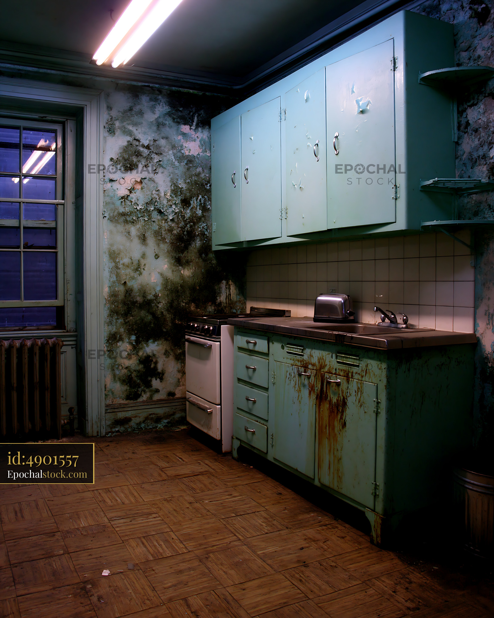 Watermarked full-resolution preview of Abandoned kitchen with peeling walls and old appliances