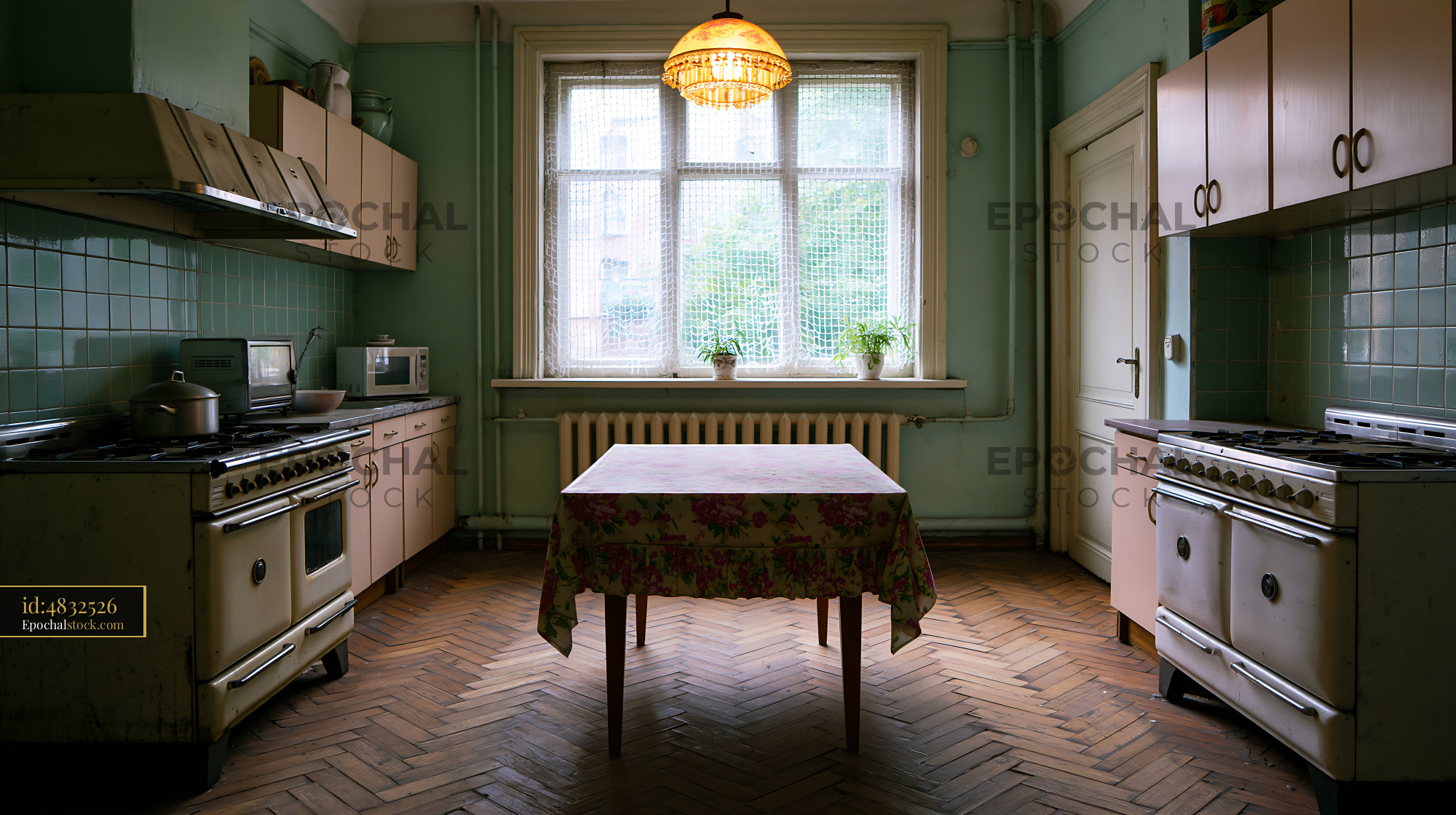 Watermarked full-resolution preview of Old kitchen with table and appliances in a vintage setting