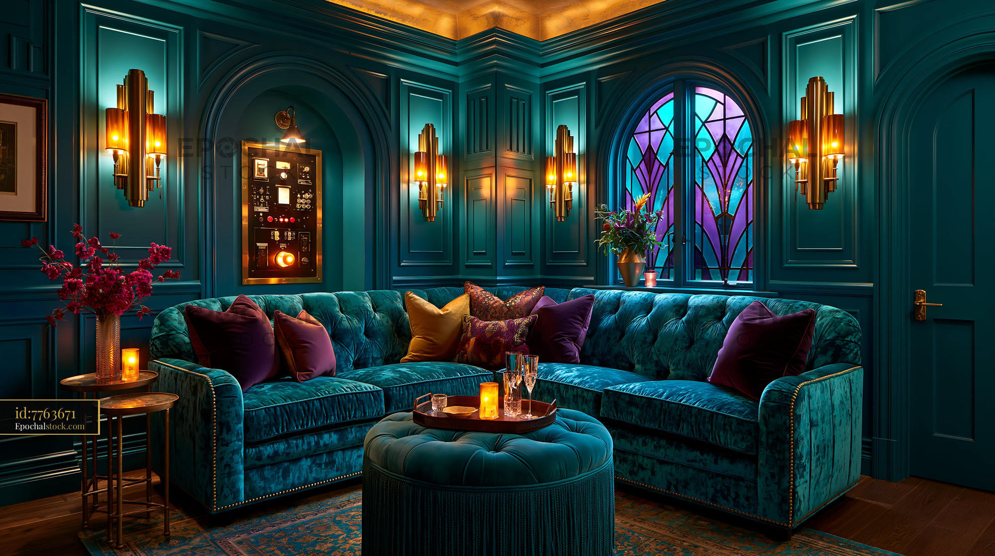 Watermarked full-resolution preview of Elegant teal lounge interior with velvet seating and stained glass