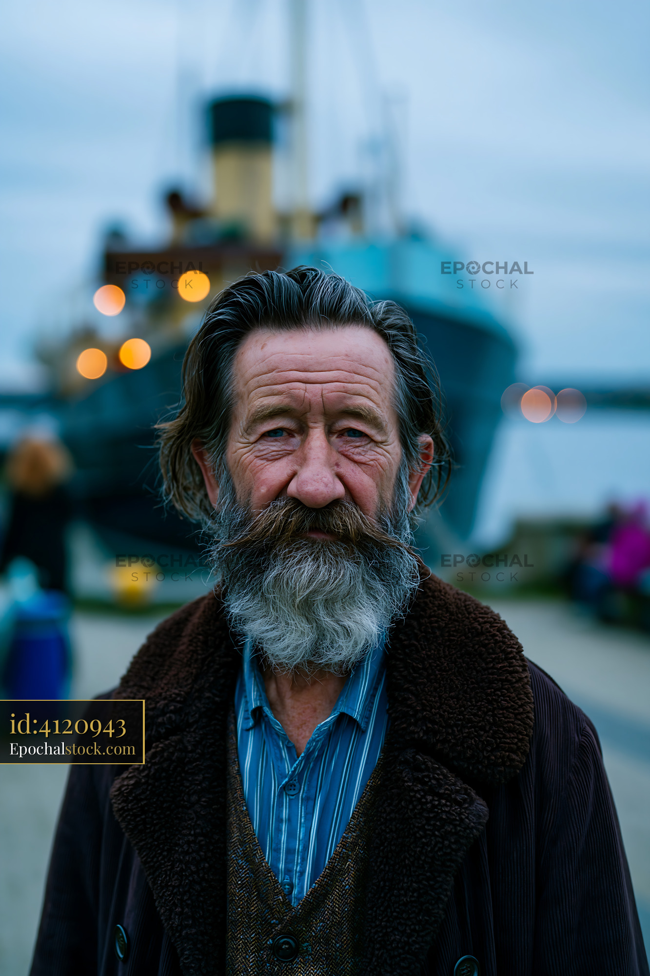 Watermarked full-resolution preview of Portrait of man with beard by a docked ship in the evening
