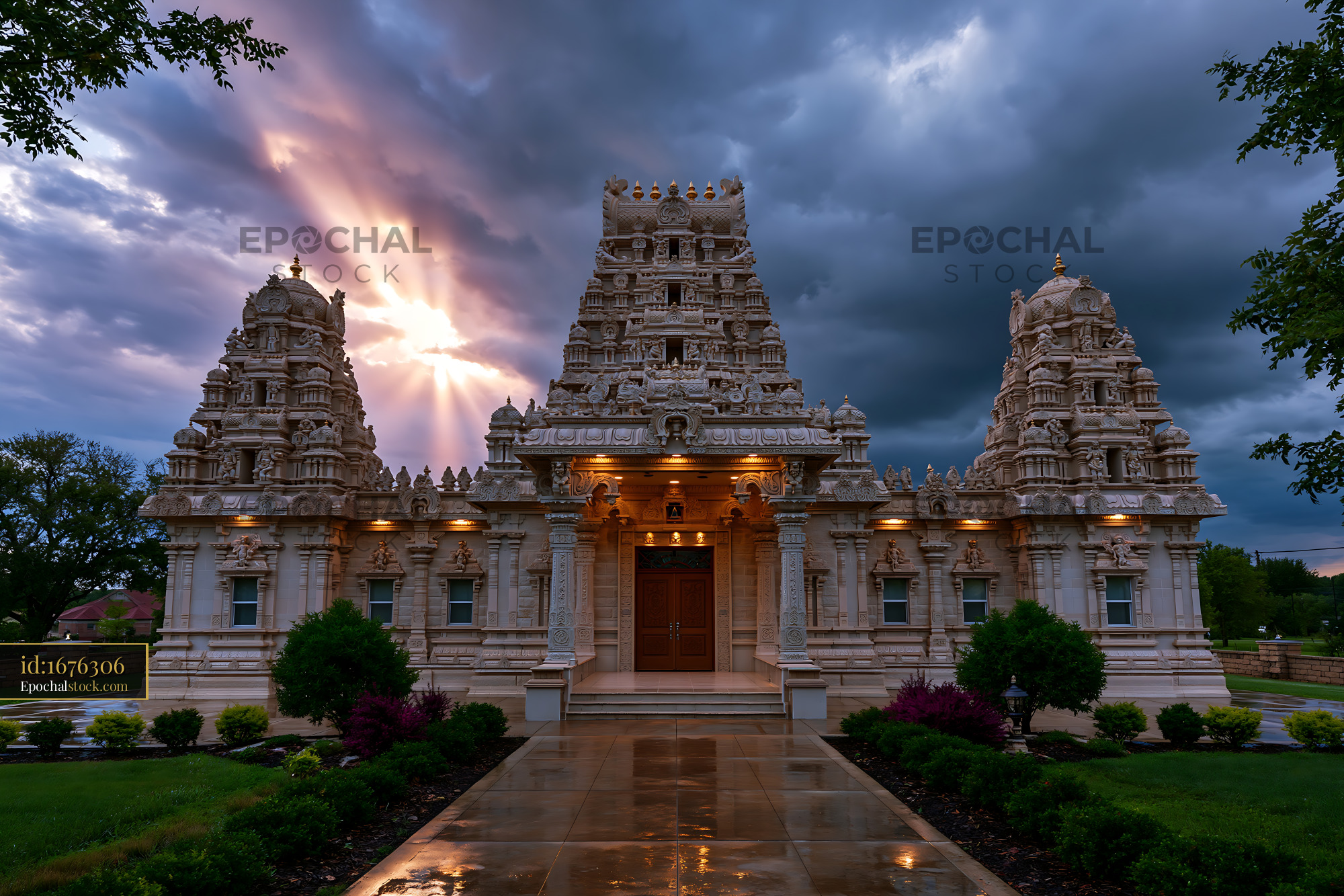 Watermarked full-resolution preview of Ornate Hindu temple under stormy sunset skies