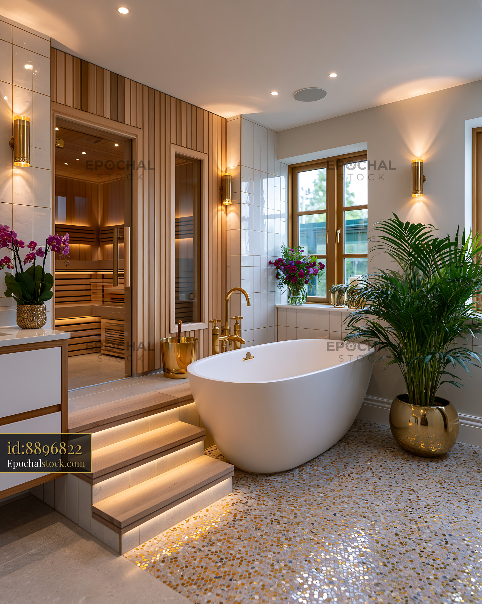 Watermarked full-resolution preview of Luxurious bathroom with sauna and modern bathtub