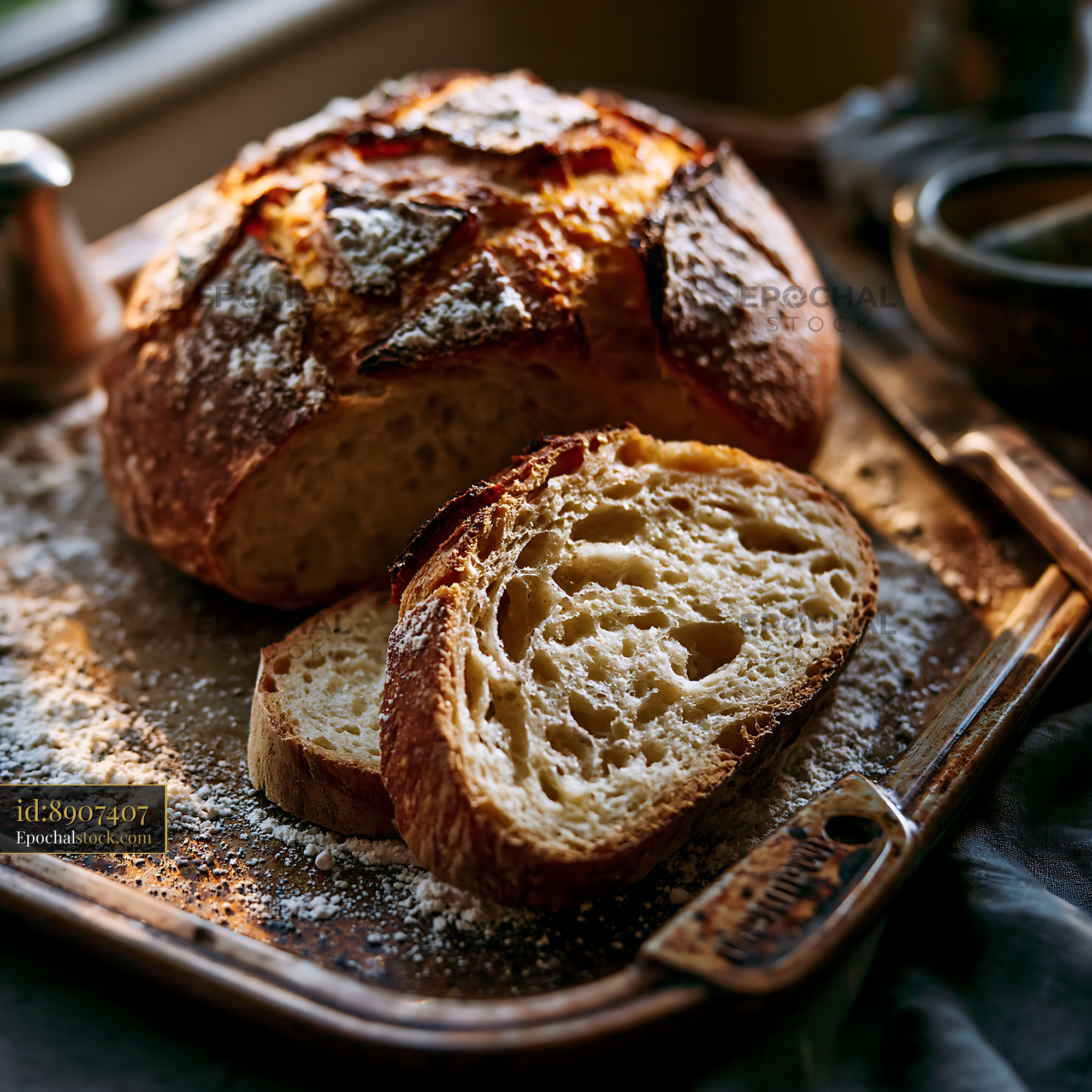 Watermarked full-resolution preview of Freshly baked bread on a tray with a sliced piece beside it