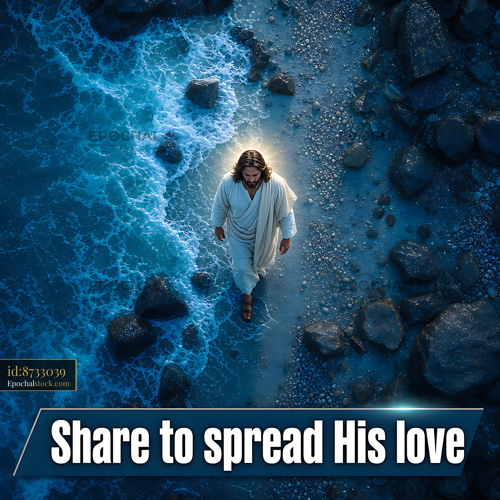 Watermarked full-resolution preview of Man walking on rocky shore near water in bright daylight
