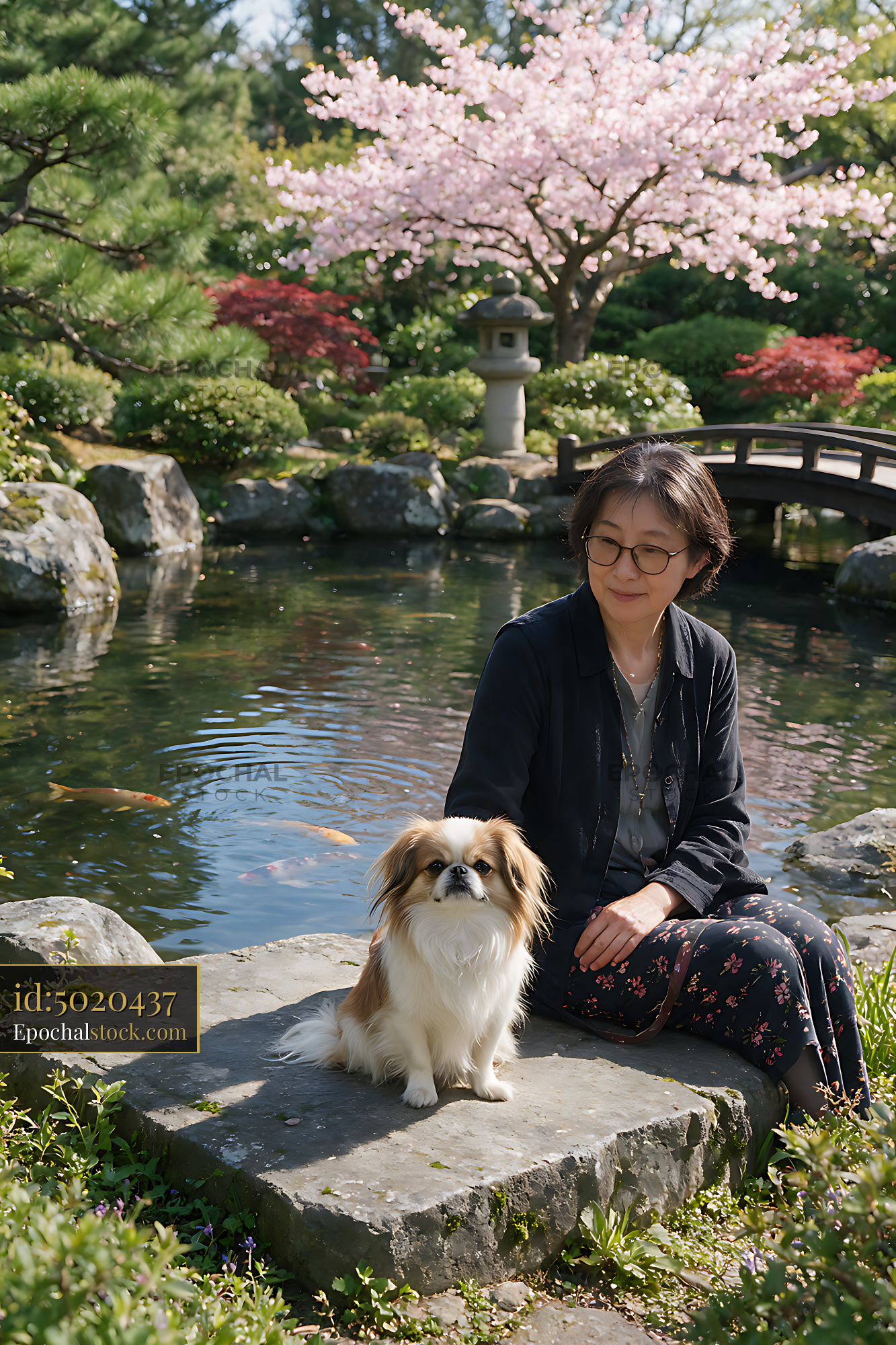 Watermarked full-resolution preview of Owner and small dog in a tranquil garden setting