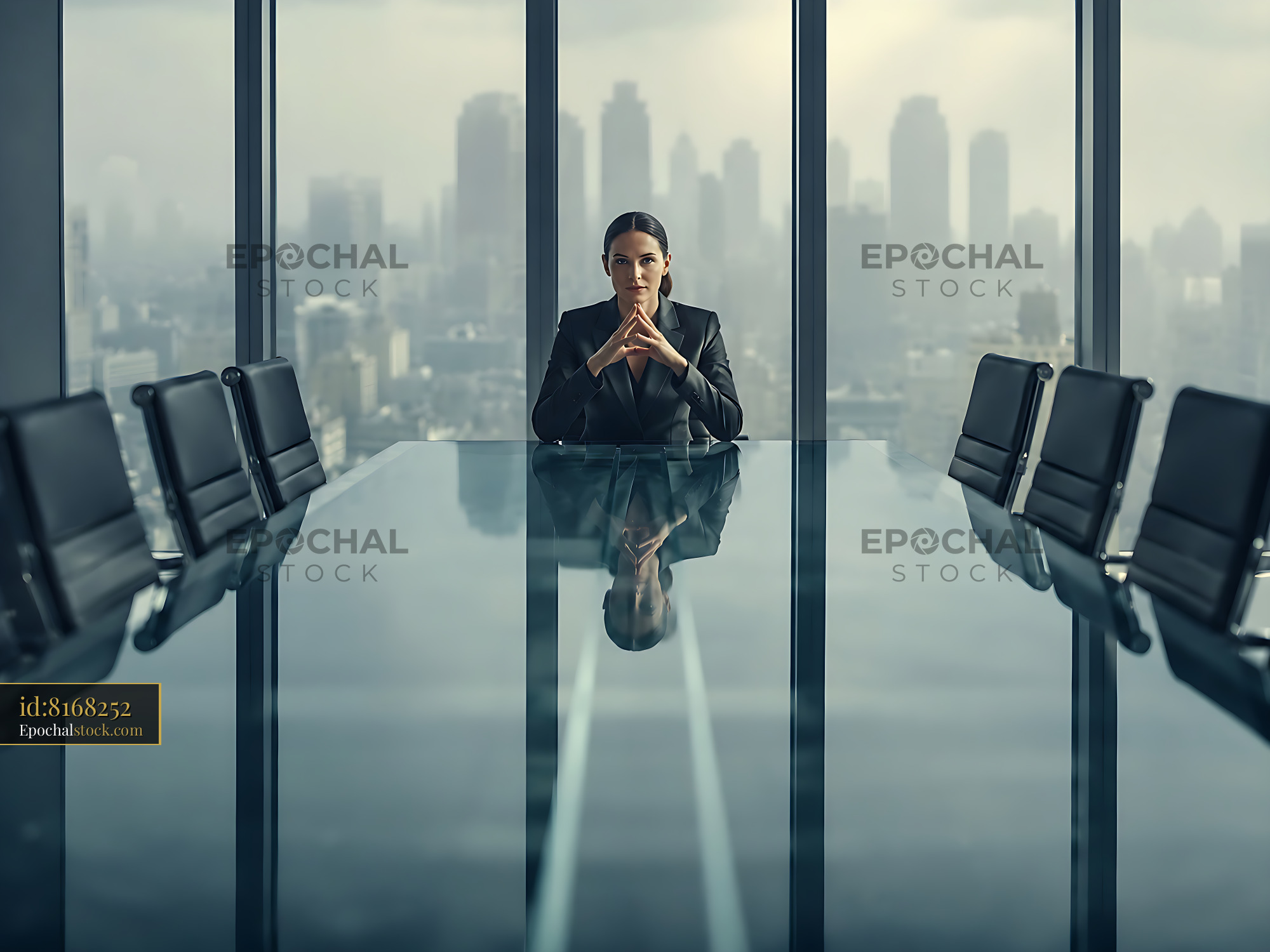 Watermarked full-resolution preview of Businesswoman in meeting room with city skyline view