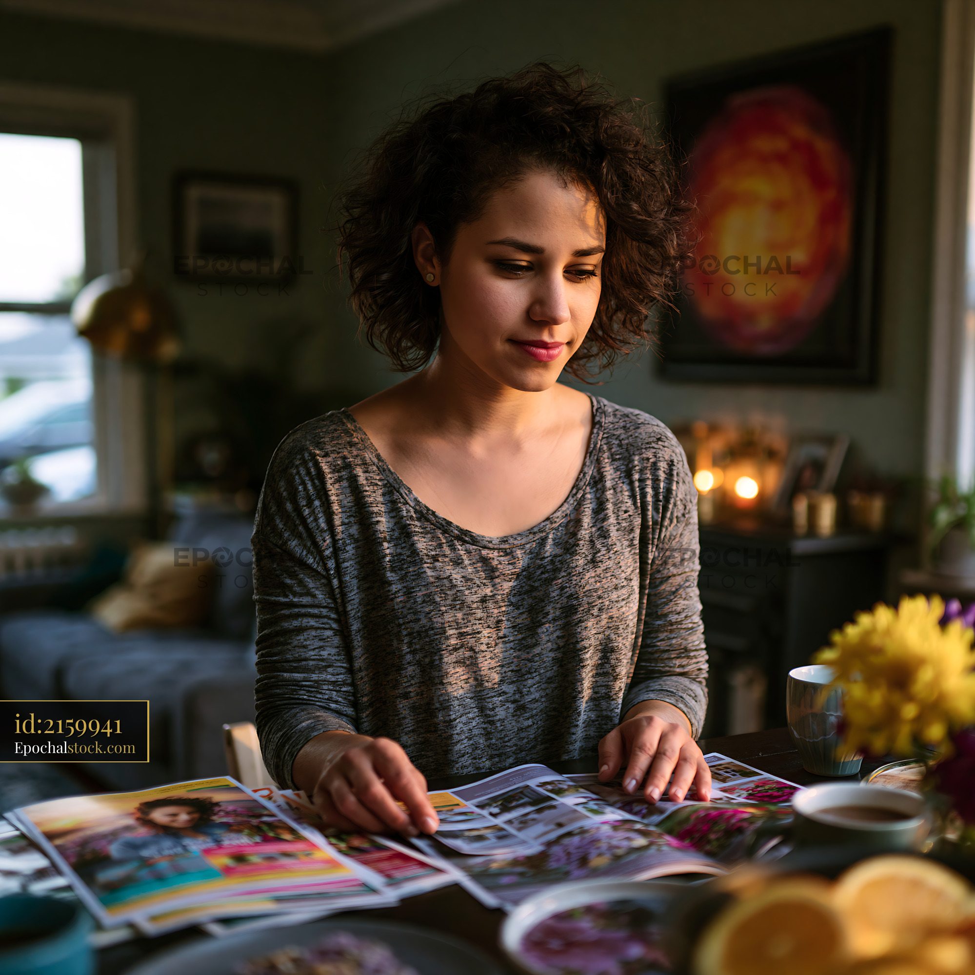 Watermarked full-resolution preview of Young woman reviewing magazines at a table in a cozy room