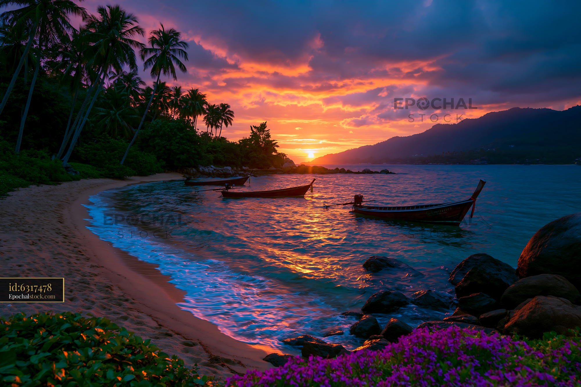 Watermarked full-resolution preview of Sunset over a tropical beach with boats and palm trees