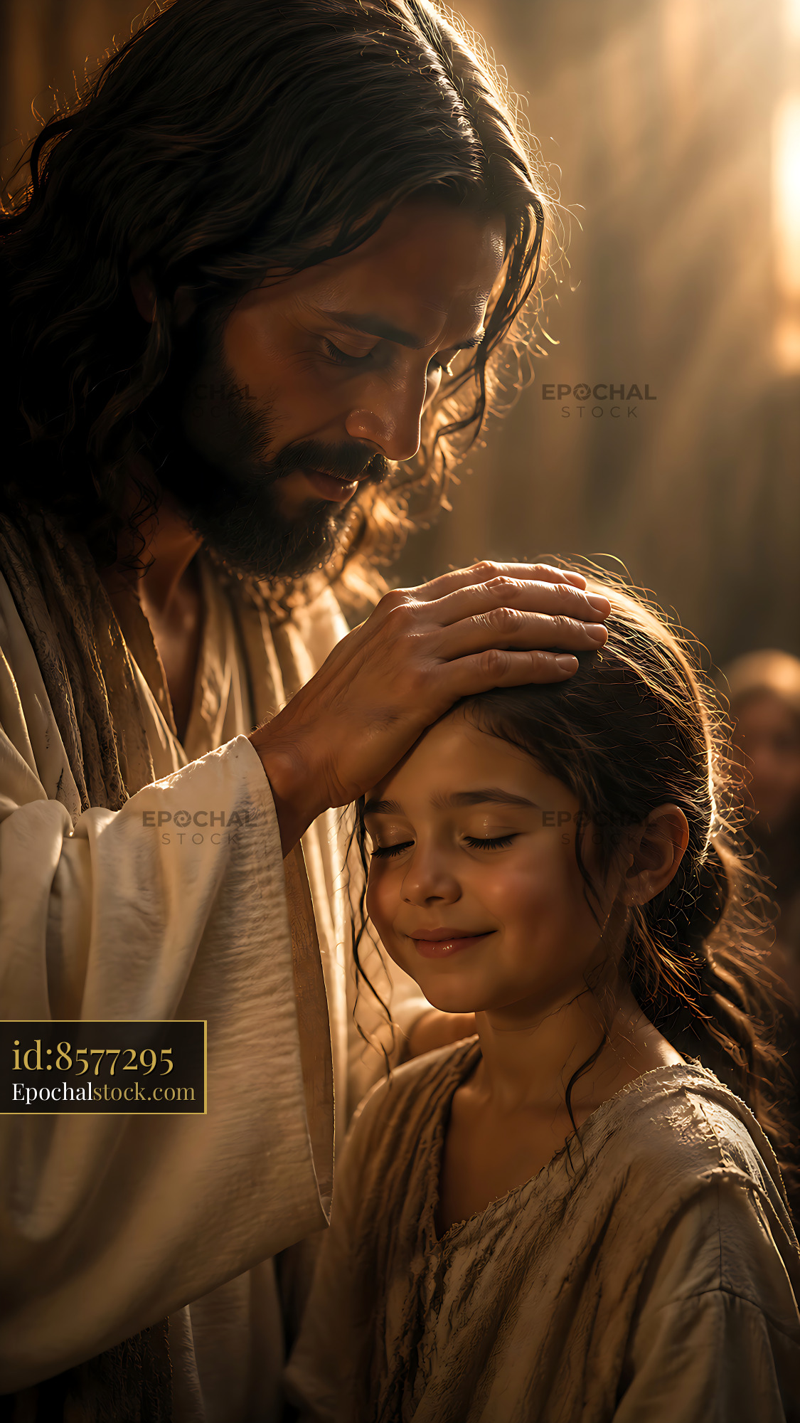 Watermarked full-resolution preview of Man with long hair touching girl's head in a warm setting