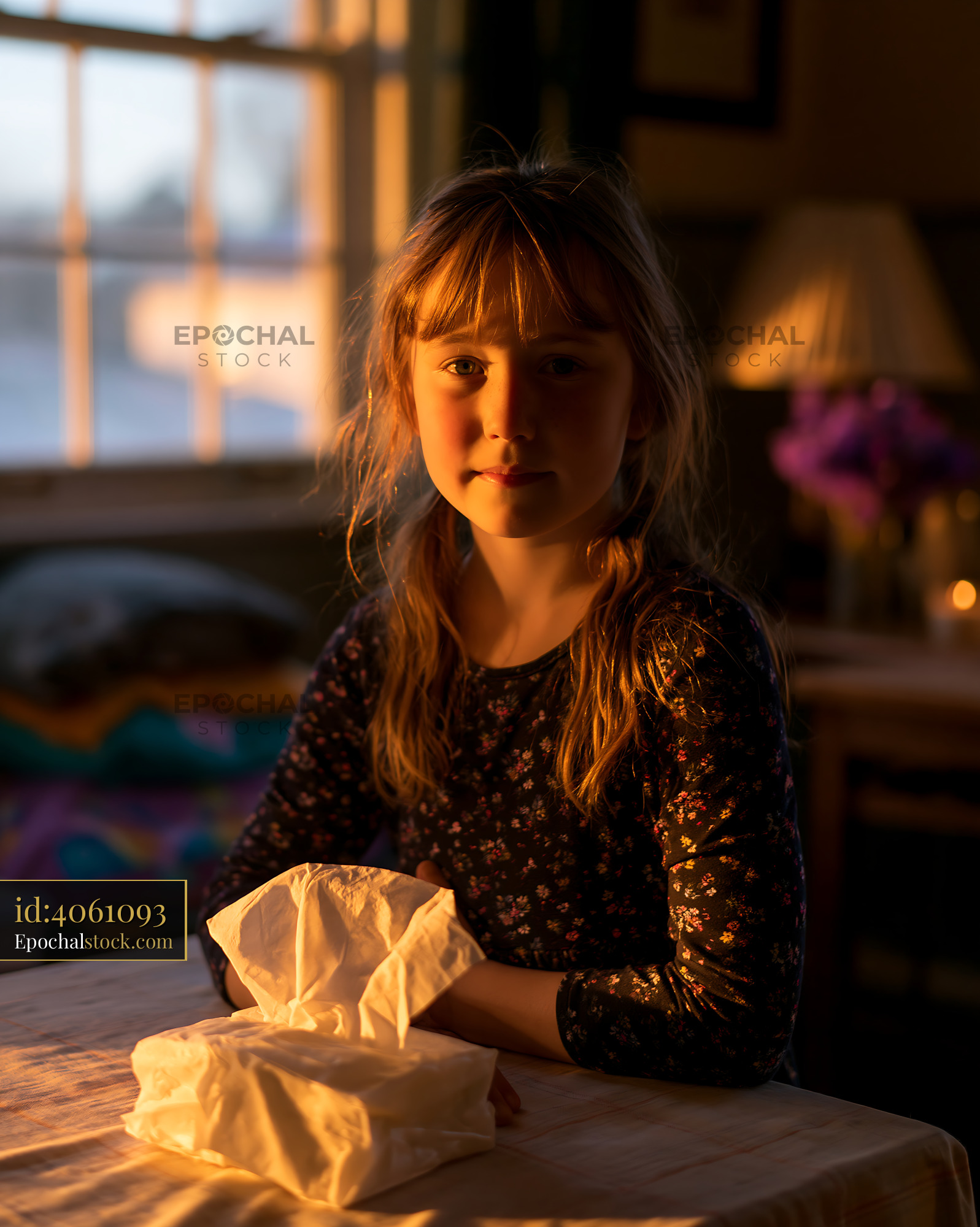 Watermarked full-resolution preview of Child sitting at a table with cloths during evening light