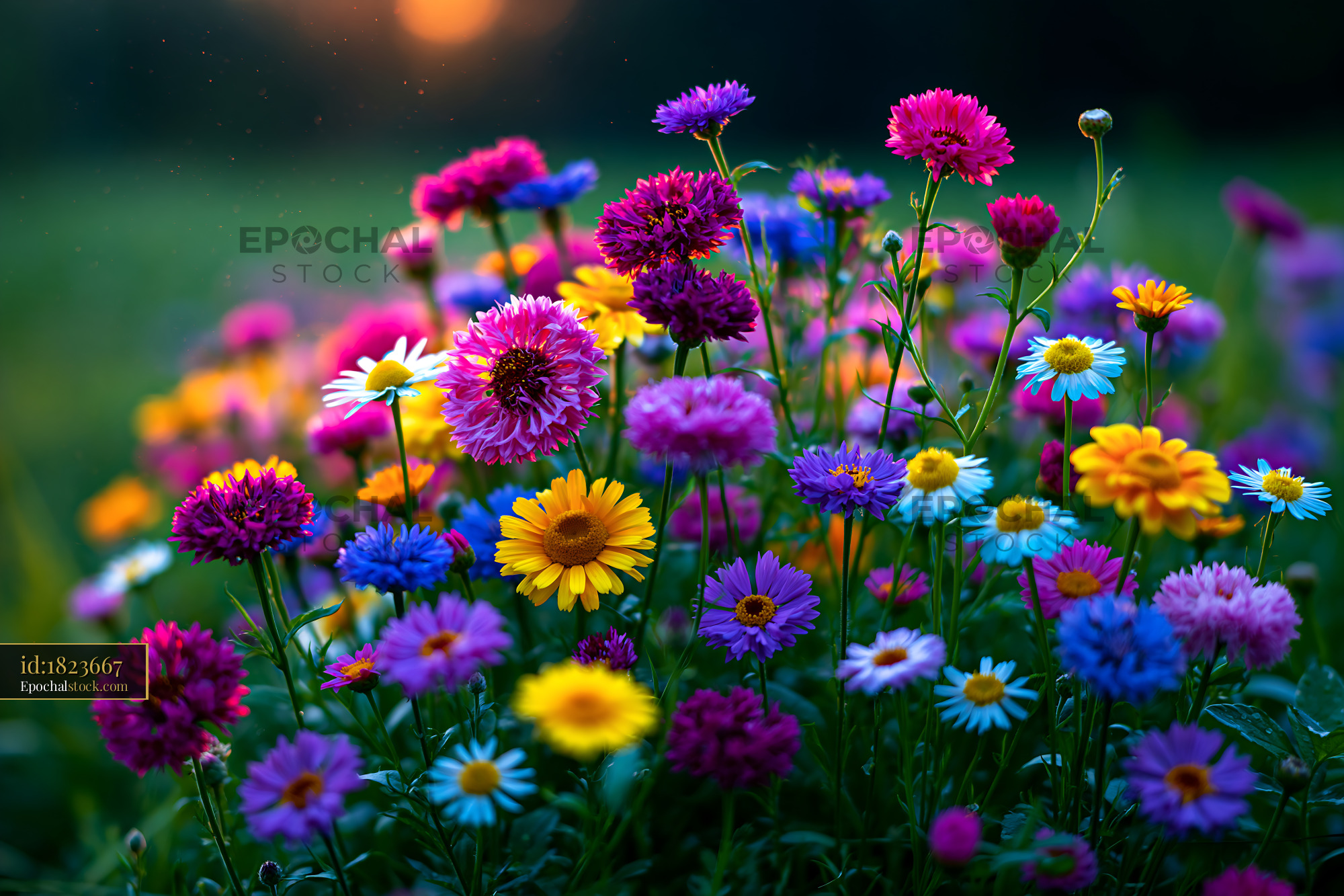 Watermarked full-resolution preview of Colorful flowers blooming in a sunny meadow at sunset