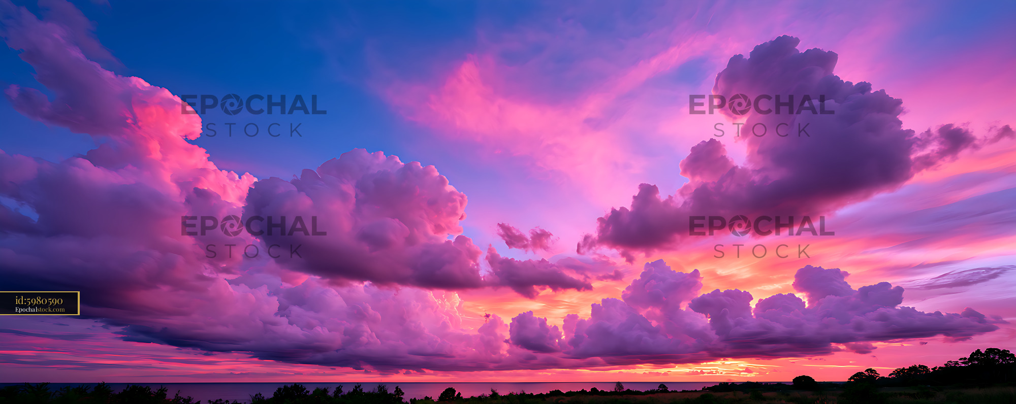 Watermarked full-resolution preview of Vivid pink and purple sunset clouds above the sea