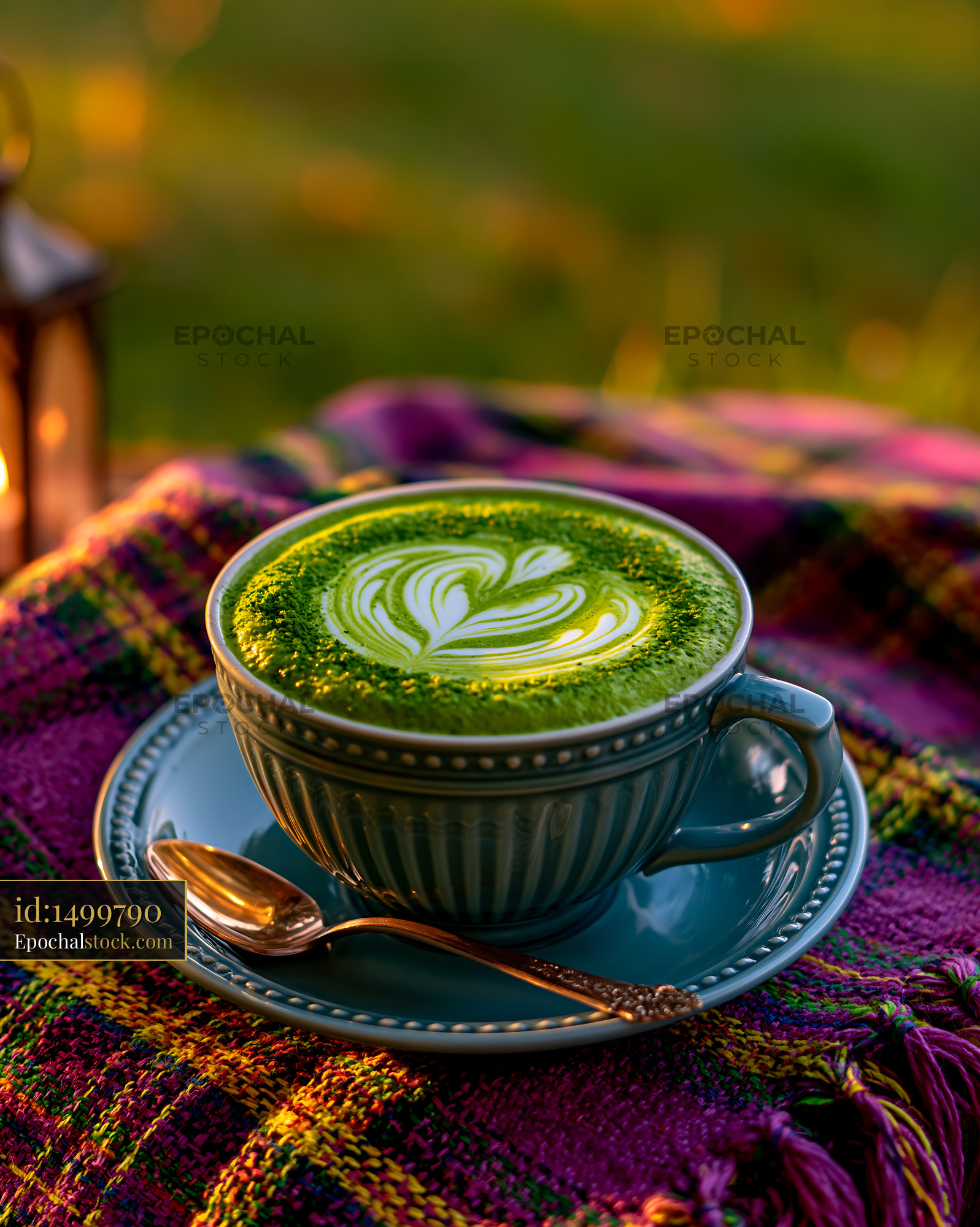 Watermarked full-resolution preview of Green matcha drink with heart foam art and spoon