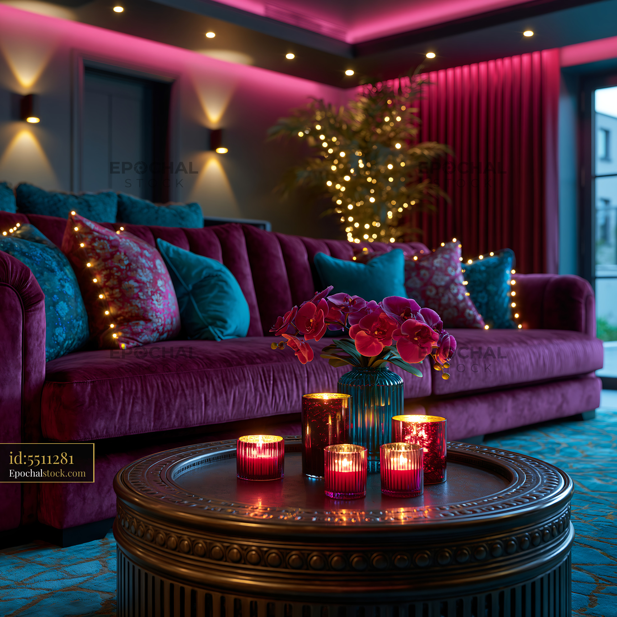 Watermarked full-resolution preview of Cozy living room with colorful candles and decorative cushions