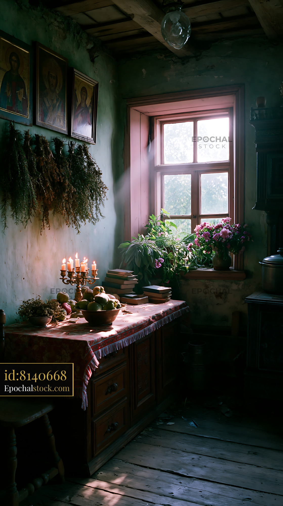 Watermarked full-resolution preview of Sunlight streaming into a rustic room with a wooden table