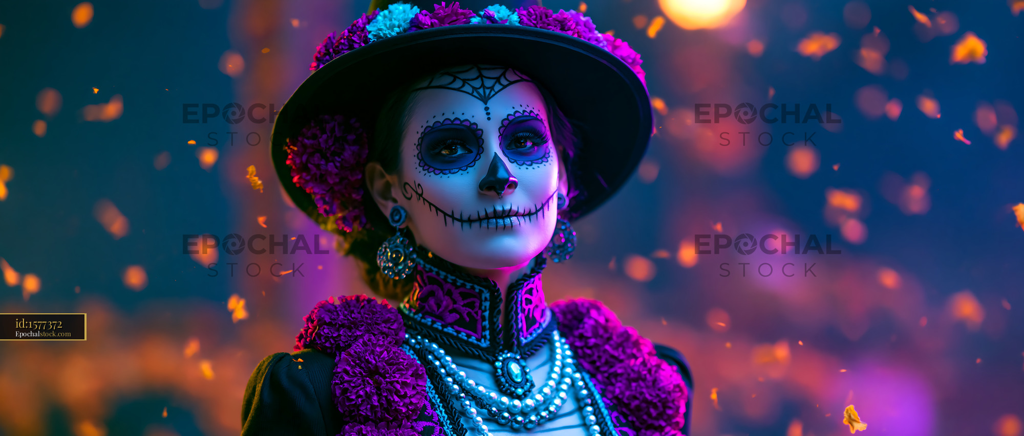 Watermarked full-resolution preview of Colorful Calavera Portrait with Floral Headwear