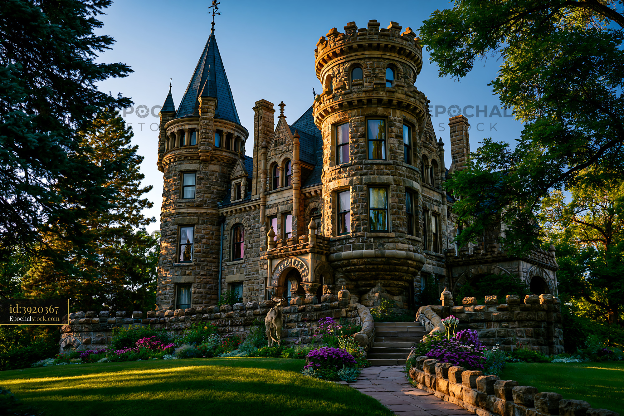 Watermarked full-resolution preview of Historic stone castle surrounded by lush greenery and flowers