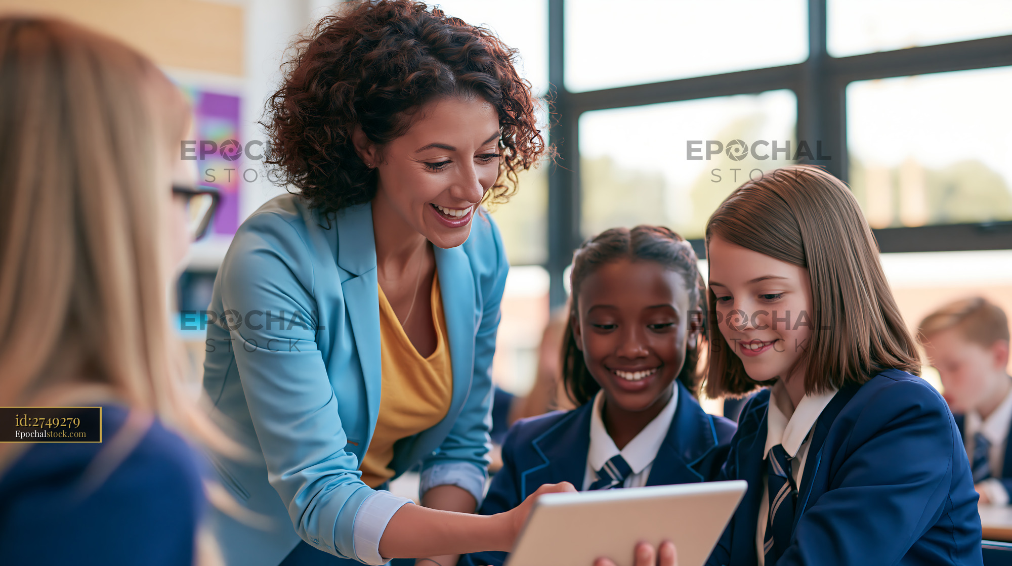 Watermarked full-resolution preview of Teacher guiding students with tablet in classroom