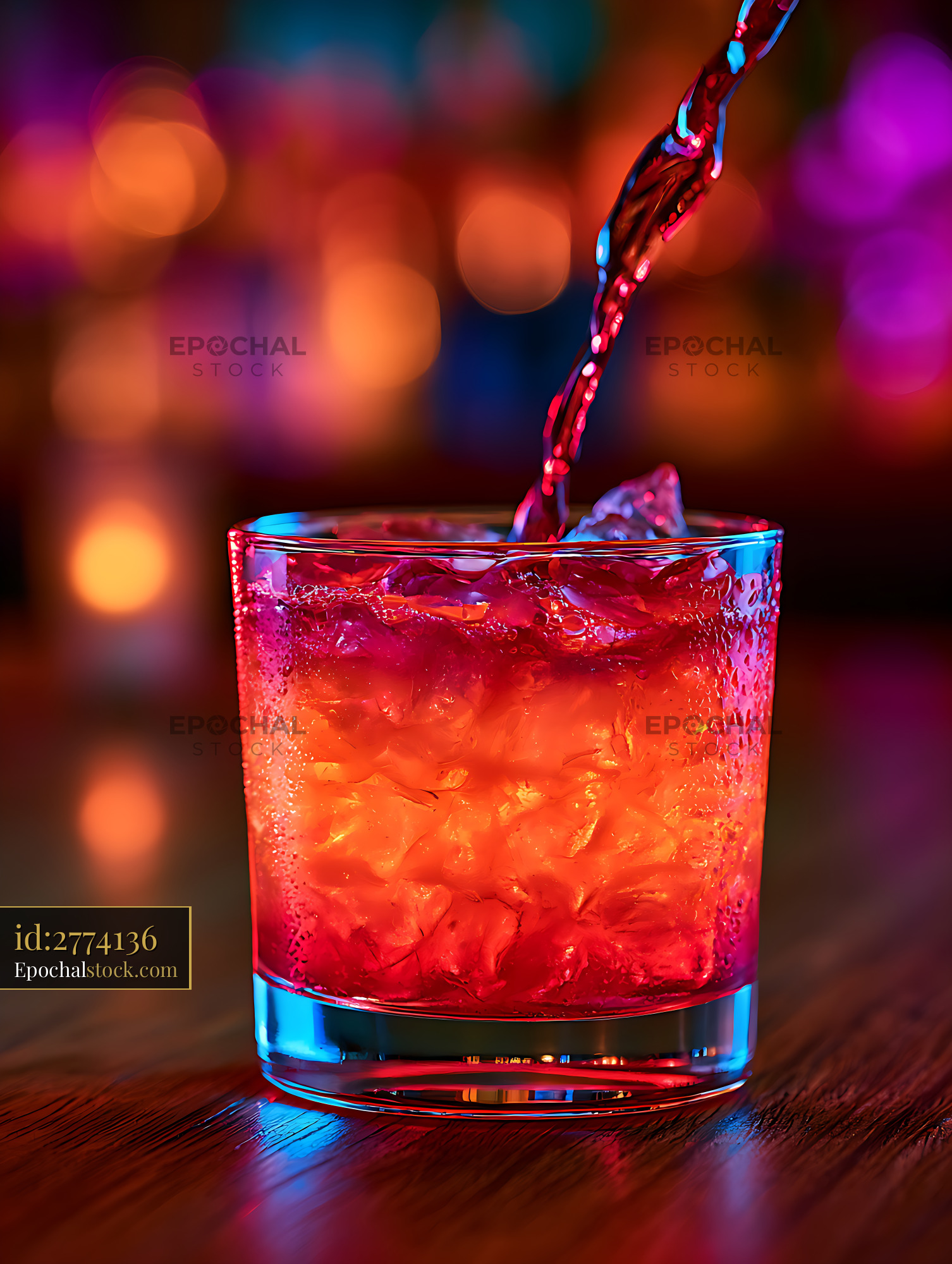 Watermarked full-resolution preview of Vibrant Iced Cocktail Splash with Colorful Bokeh