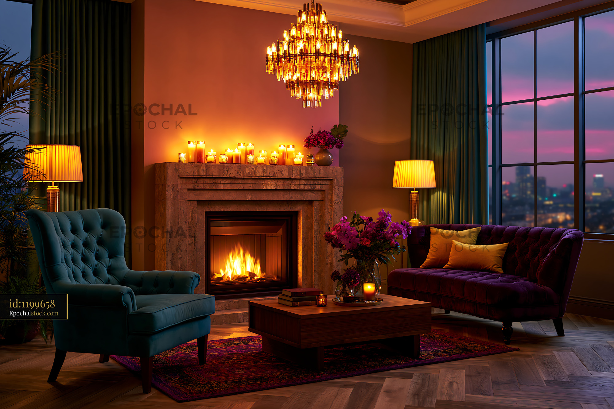 Watermarked full-resolution preview of Cozy interior with fireplace and warm lighting at dusk