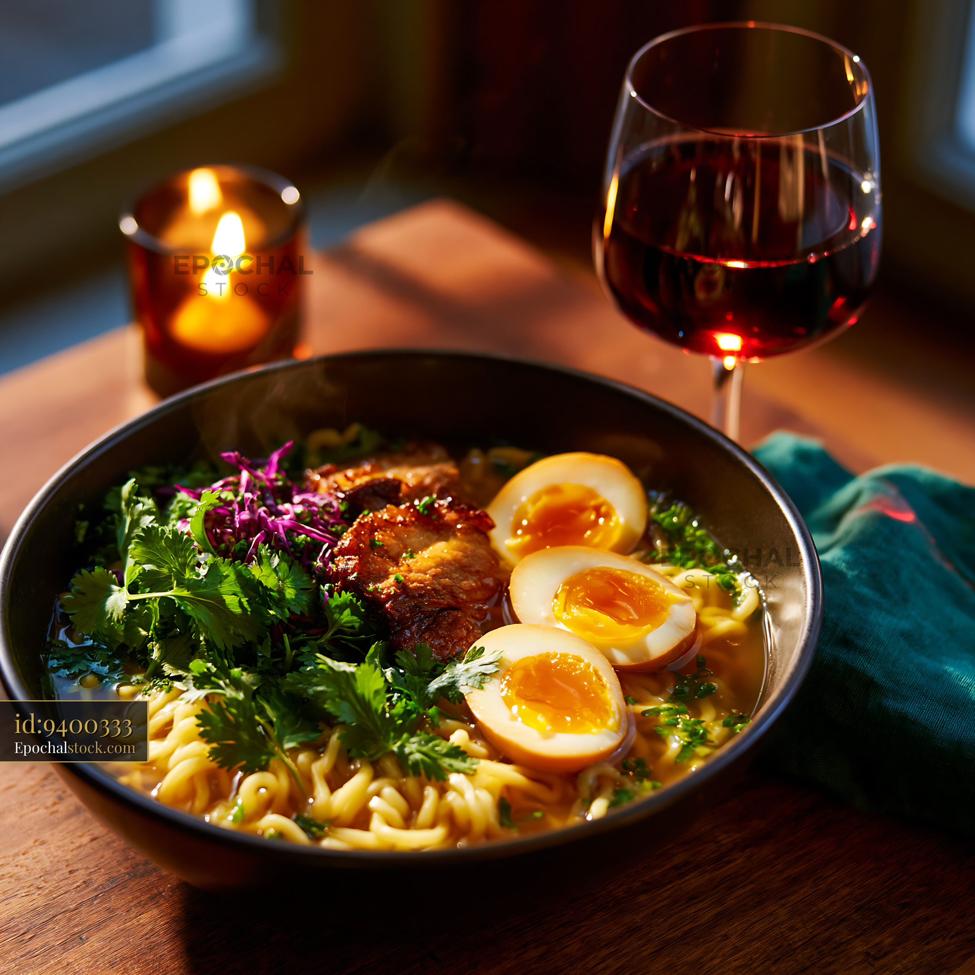 Watermarked full-resolution preview of Ramen dinner with eggs, pork, wine and candlelight