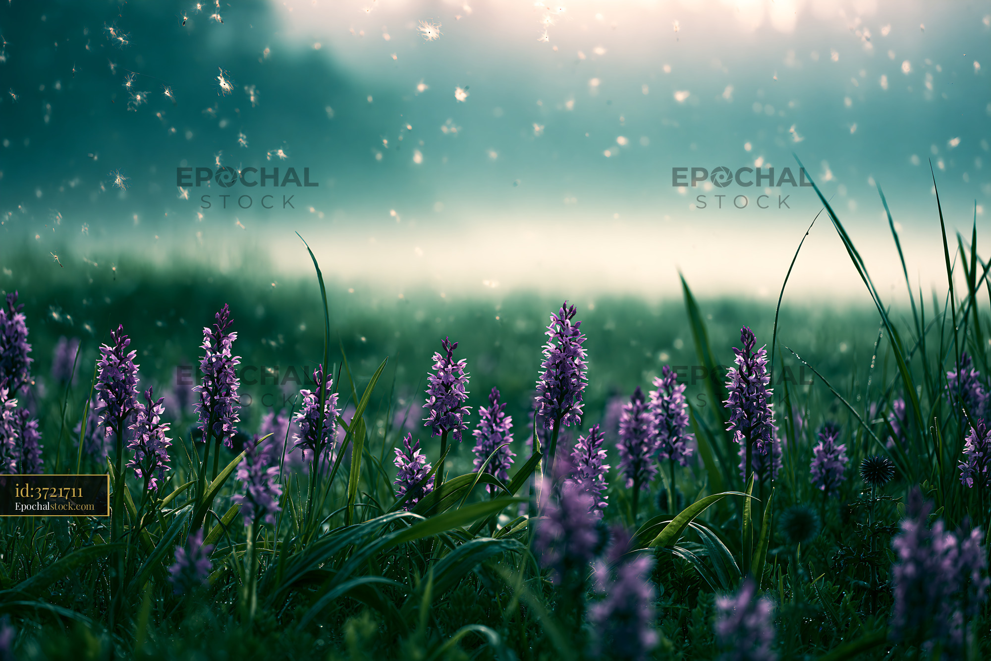 Watermarked full-resolution preview of Violet flowers bloom in a misty field during light rain