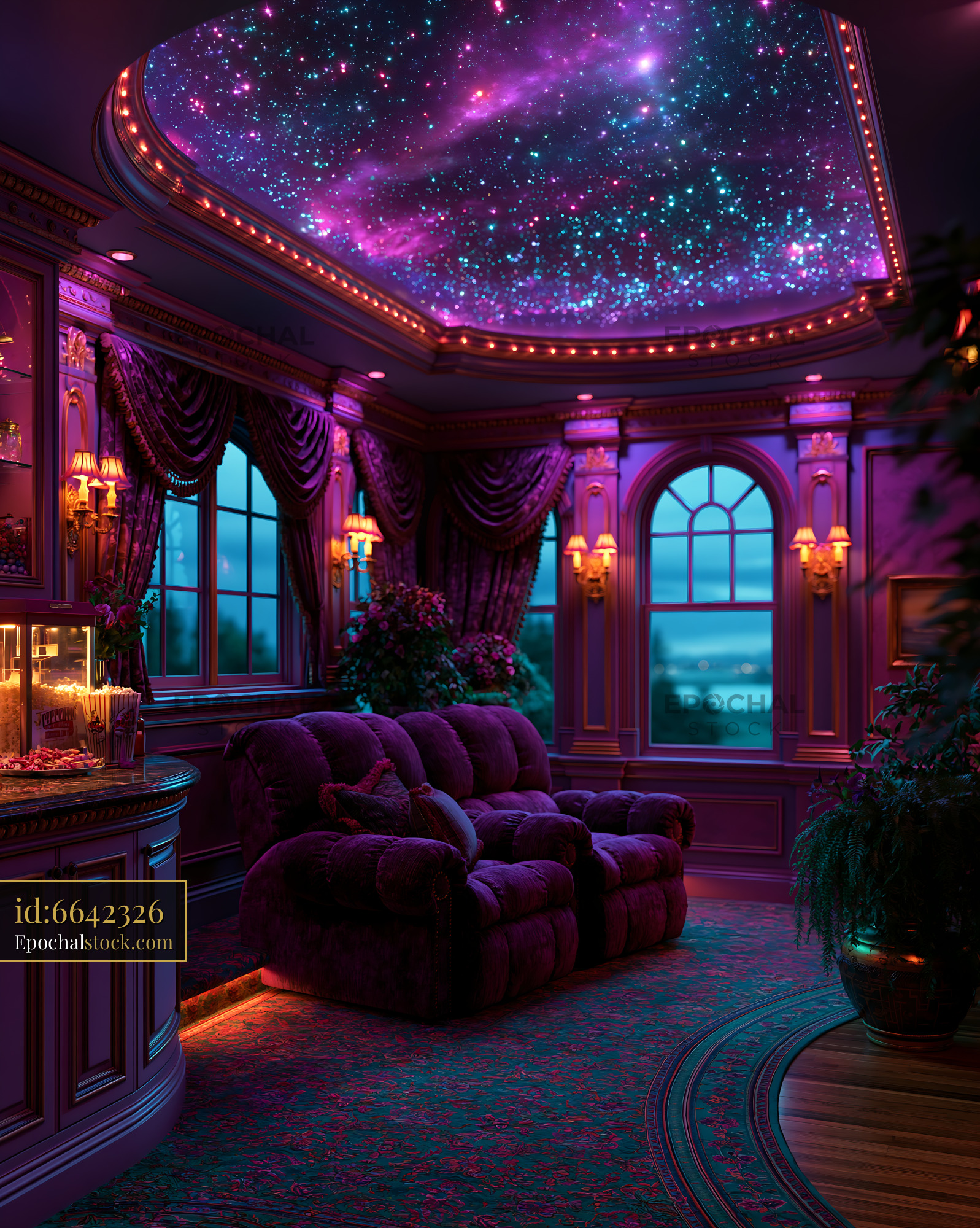 Watermarked full-resolution preview of Luxury purple lounge beneath a glowing starry ceiling