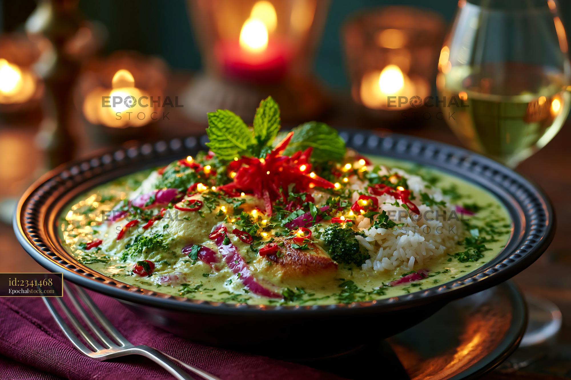 Watermarked full-resolution preview of Delicious meal served on a dark plate with rice and herbs