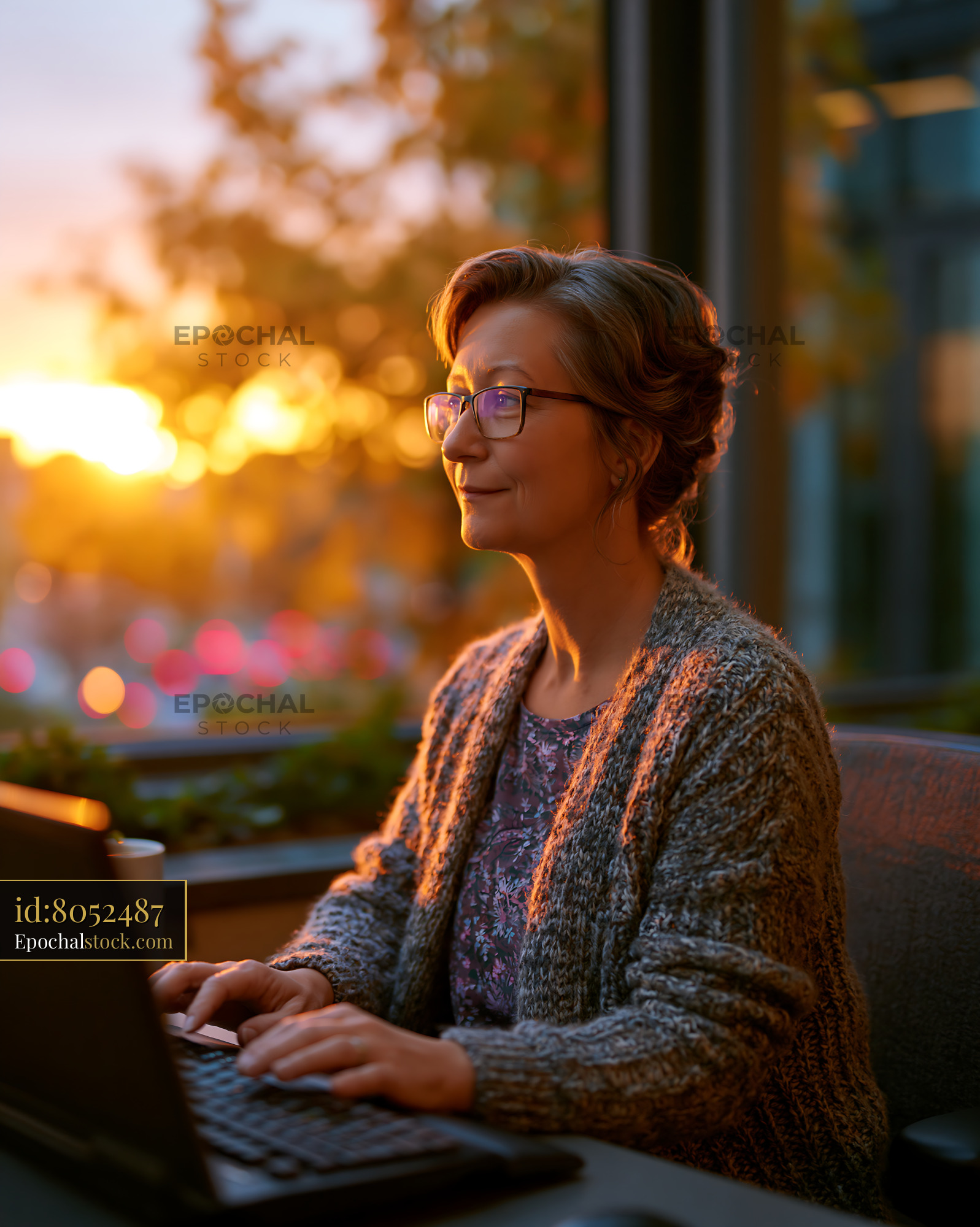Watermarked full-resolution preview of Woman working on laptop during sunset in a cozy cafe