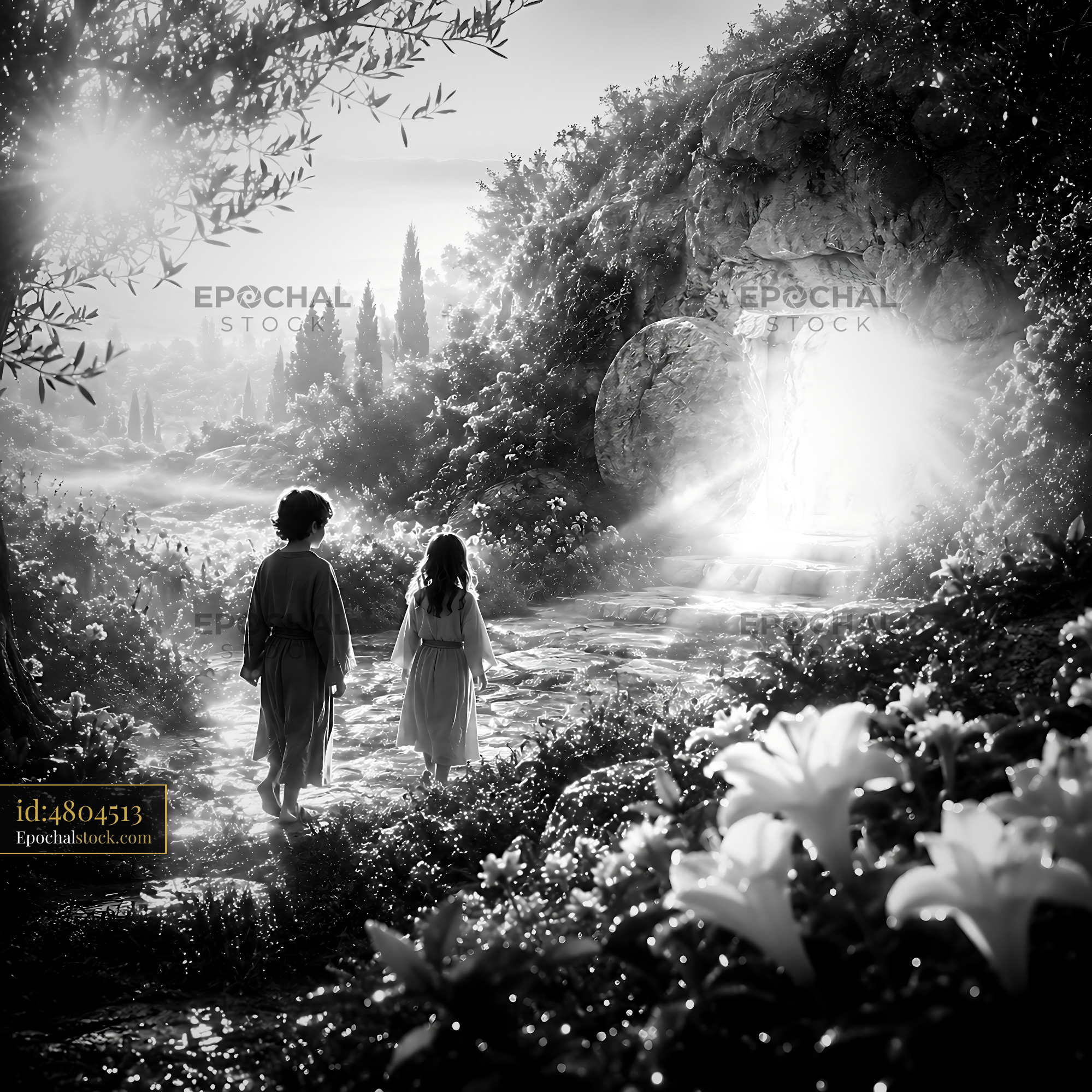 Children Walk Towards Light in Garden With Flowers and Stone - stock photo