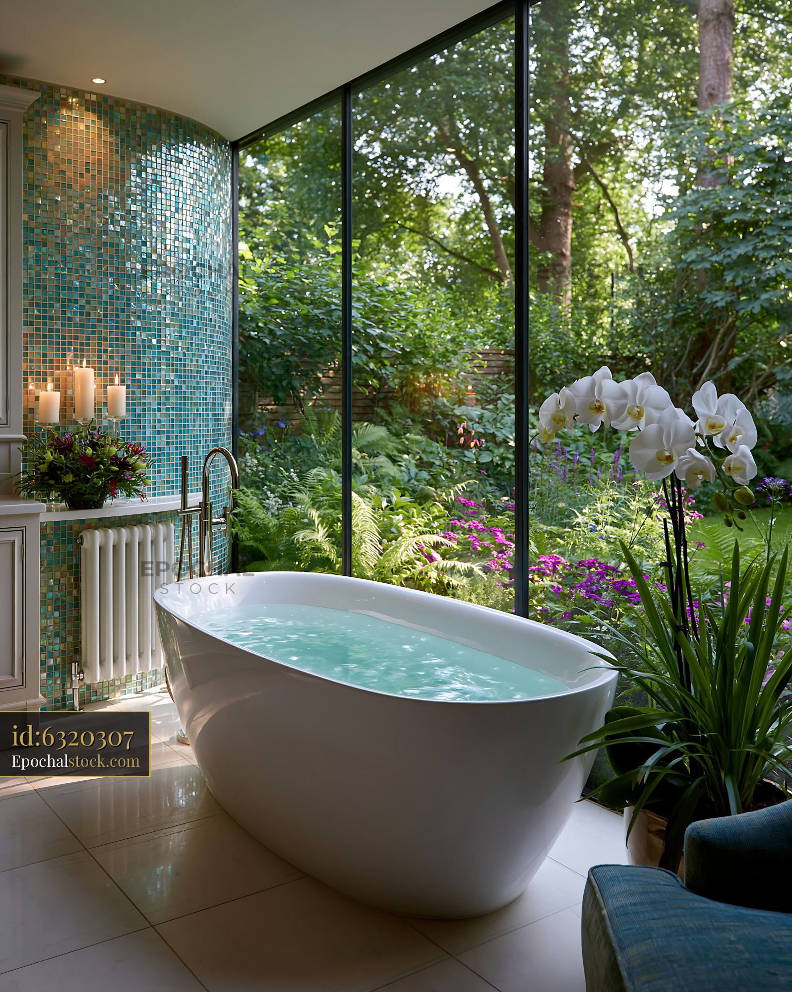 Watermarked full-resolution preview of Modern bathroom with a freestanding tub and garden view
