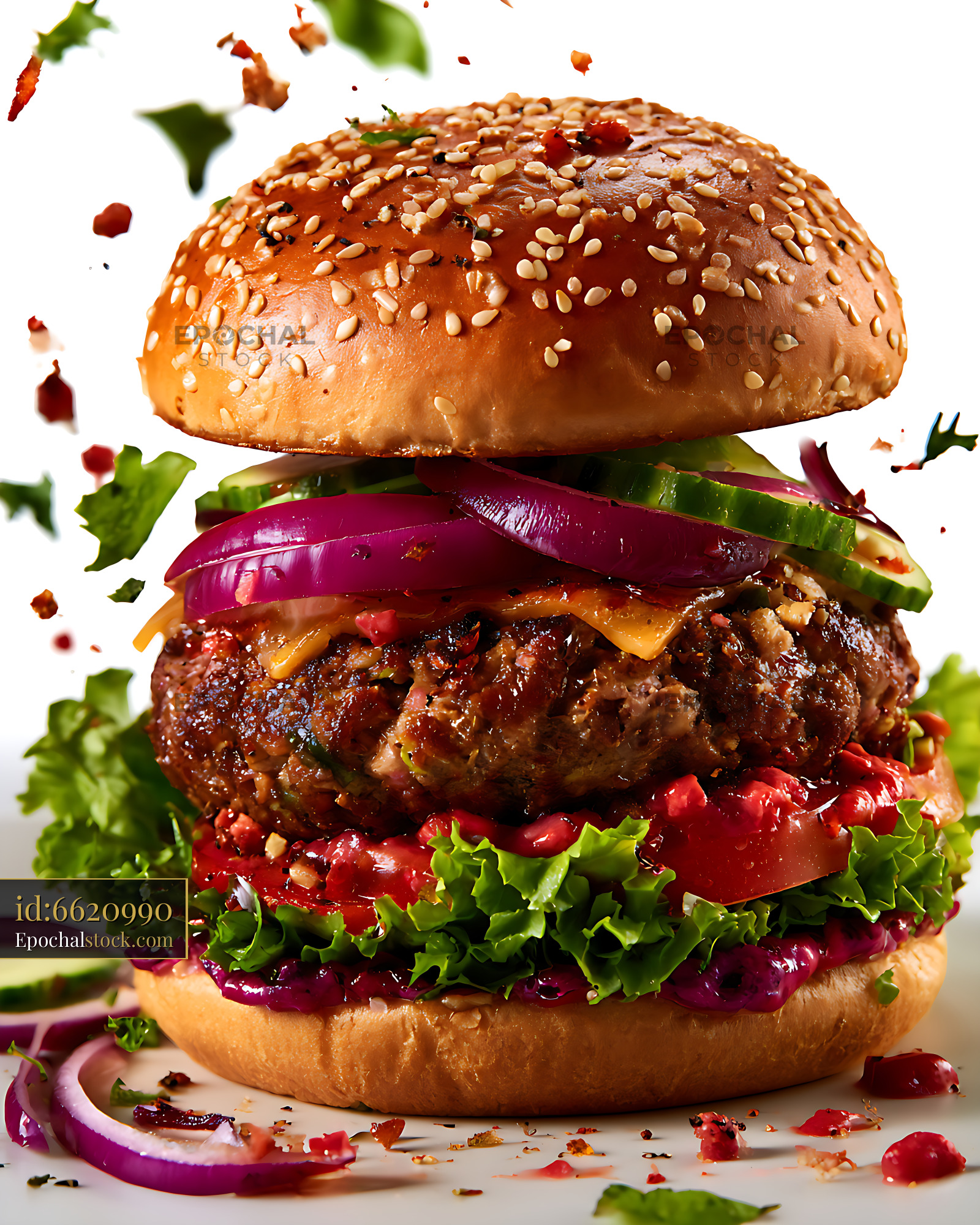 Watermarked full-resolution preview of Loaded hamburger with fresh vegetables and sesame bun