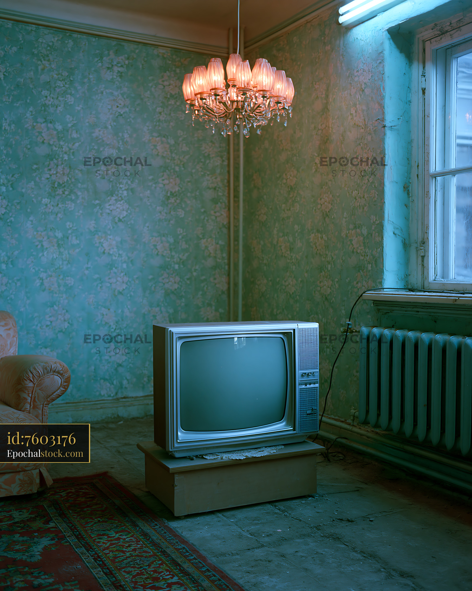 Vintage Television on a Wooden Stand in a Dimly Lit Room - stock photo