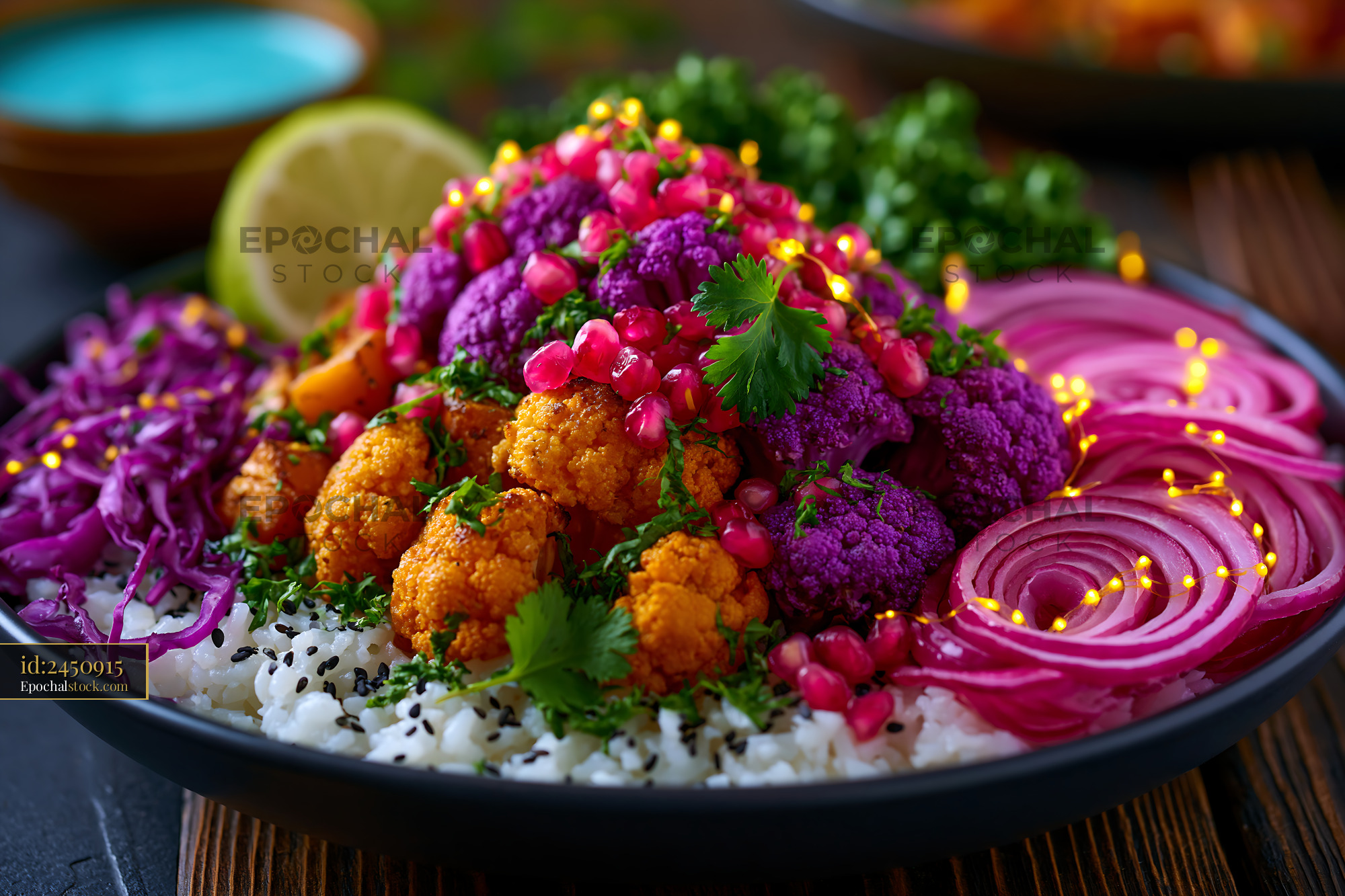 Watermarked full-resolution preview of Vibrant vegetable rice bowl with cauliflower and pomegranate