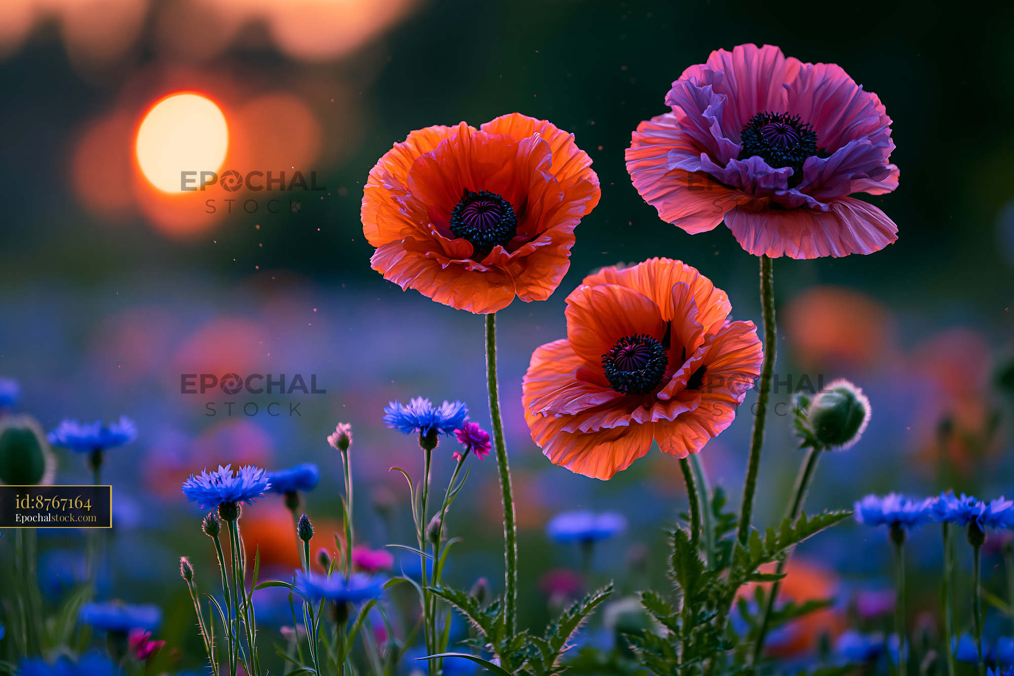 Watermarked full-resolution preview of Vibrant flowers bloom during sunset in a colorful field