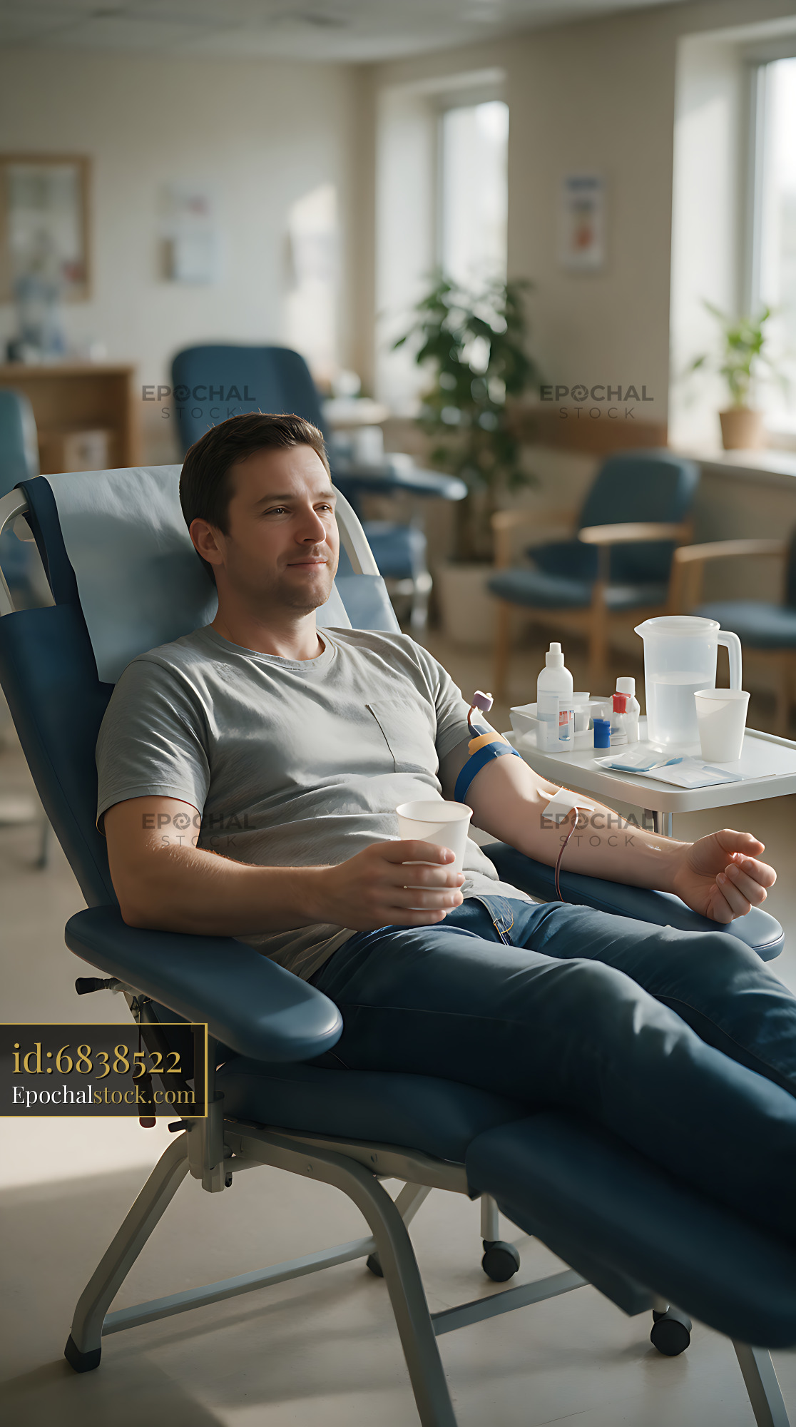 Watermarked full-resolution preview of Man reclining in donation chair during blood collection