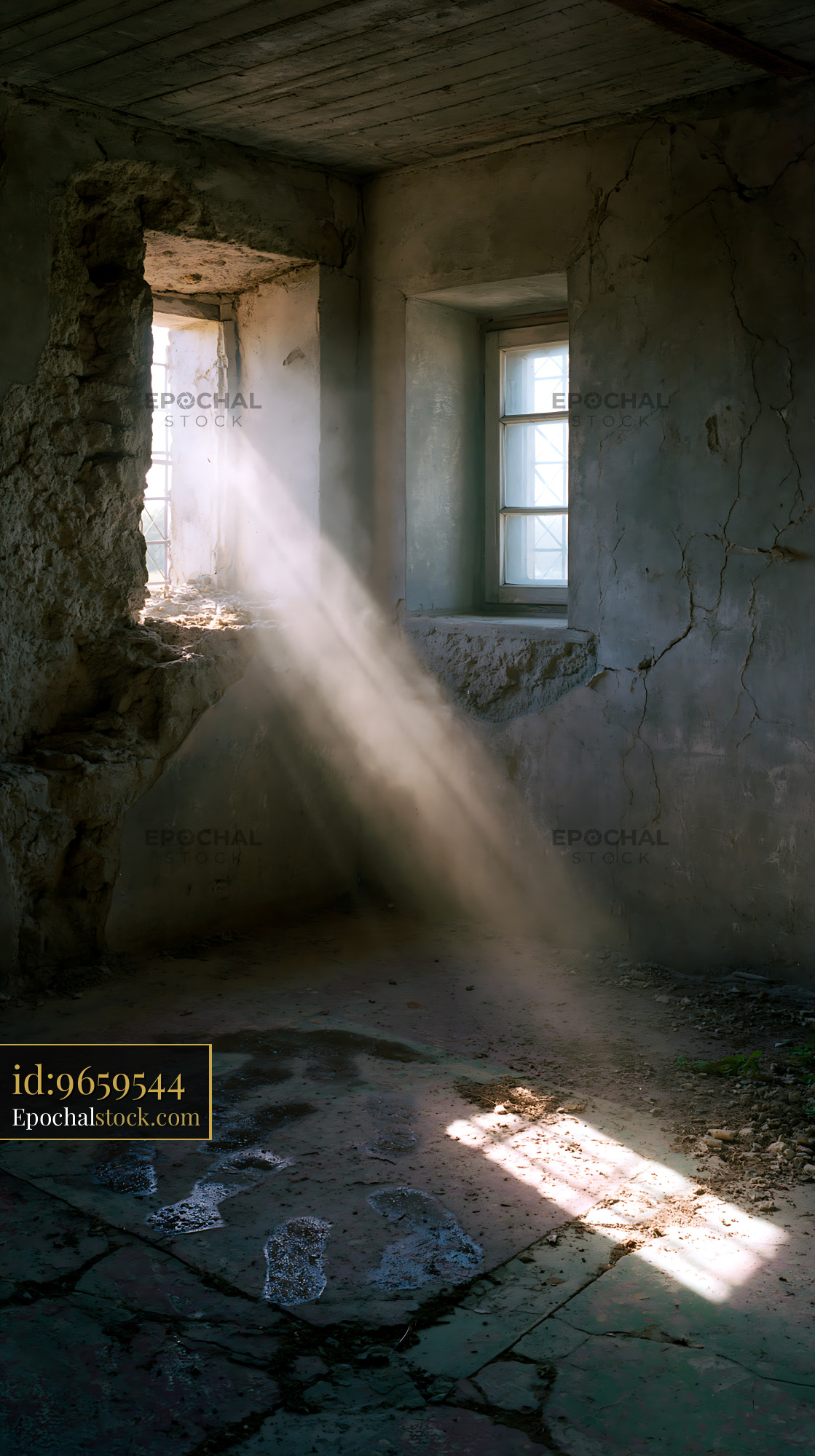 Watermarked full-resolution preview of Light beams shine through cracked walls of an empty room