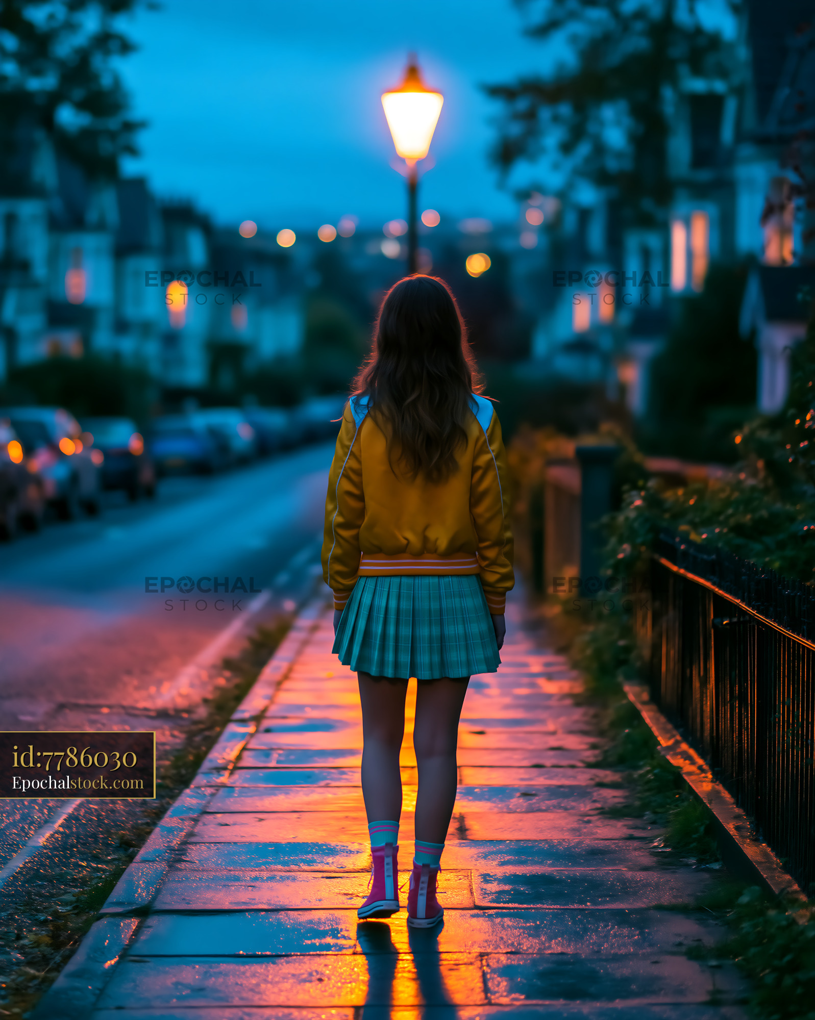 Watermarked full-resolution preview of Child walking through a glowing residential street at dusk