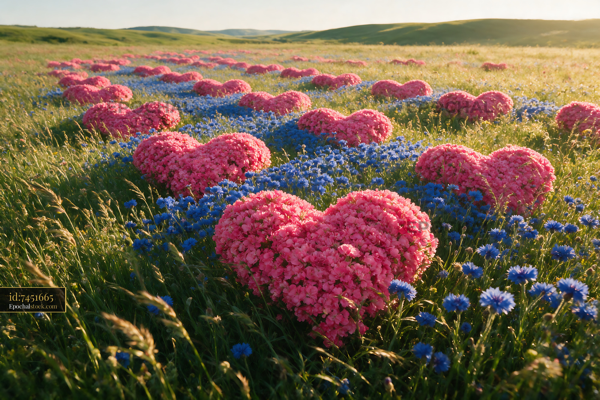 Watermarked full-resolution preview of Colorful heart-shaped flowers in a grassy field