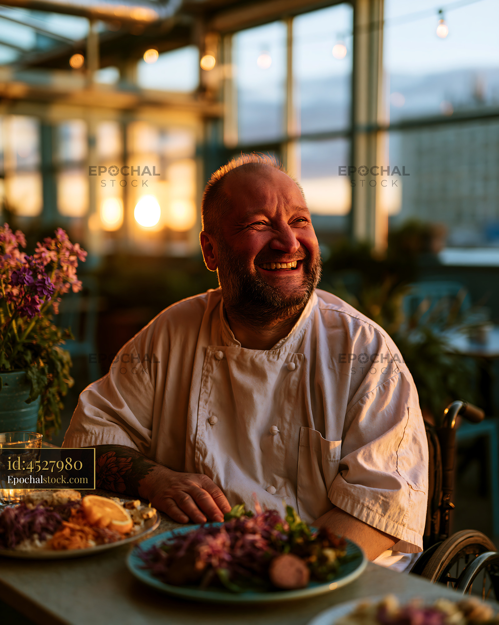 Watermarked full-resolution preview of Happy chef enjoying a restaurant dining setting