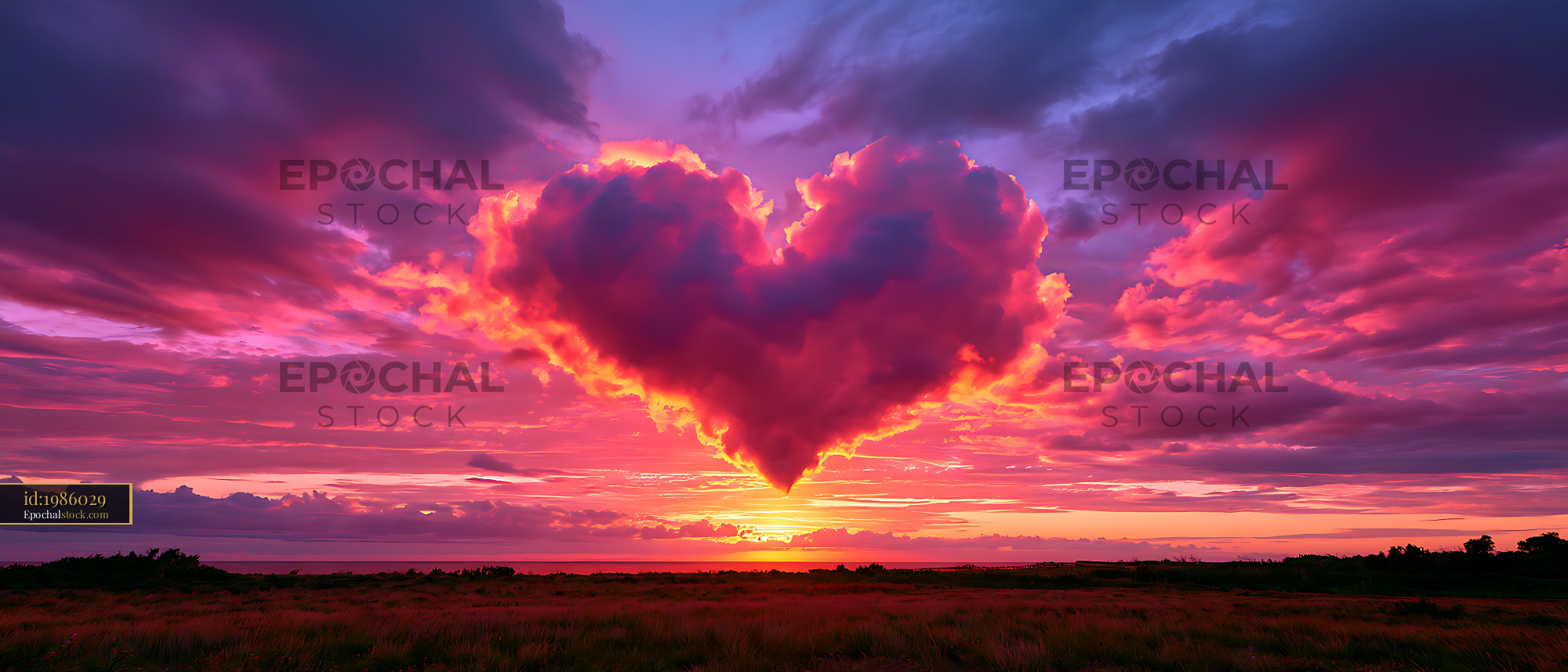Watermarked full-resolution preview of Colorful sunset clouds above an open grassy horizon