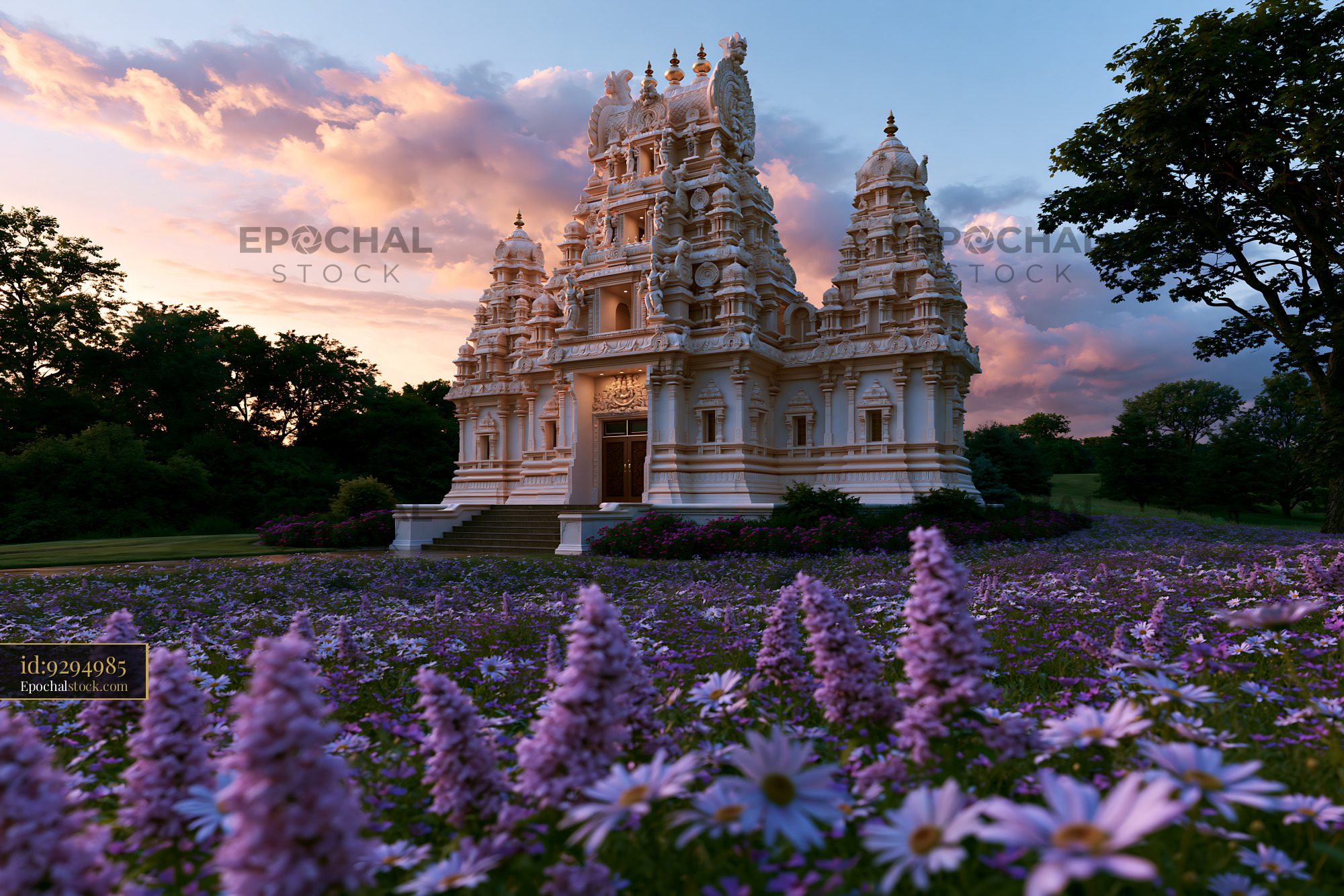 Watermarked full-resolution preview of White Hindu temple in a flower-filled garden at sunset