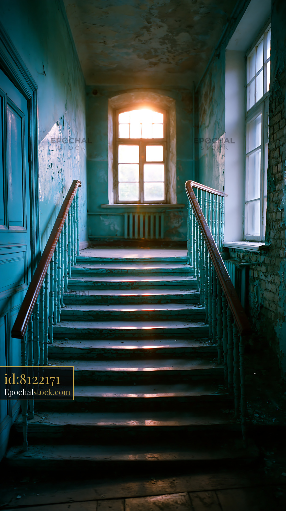 Watermarked full-resolution preview of Old staircase with blue walls and natural light entering