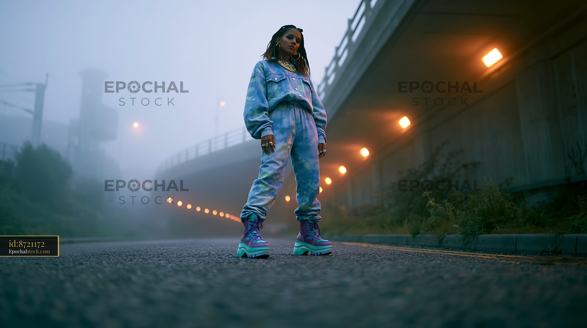 Watermarked full-resolution preview of Person standing on a road under a bridge during foggy weather