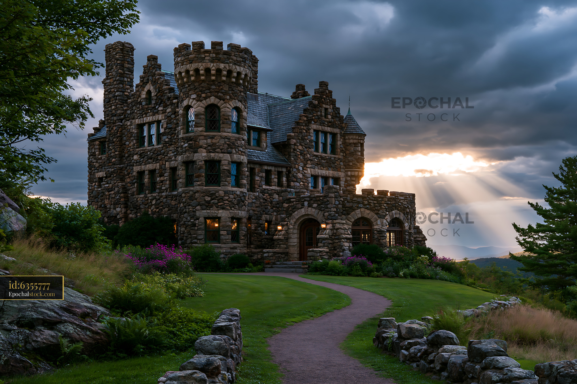Watermarked full-resolution preview of Stone castle with cloudy sky and sunlight in the background