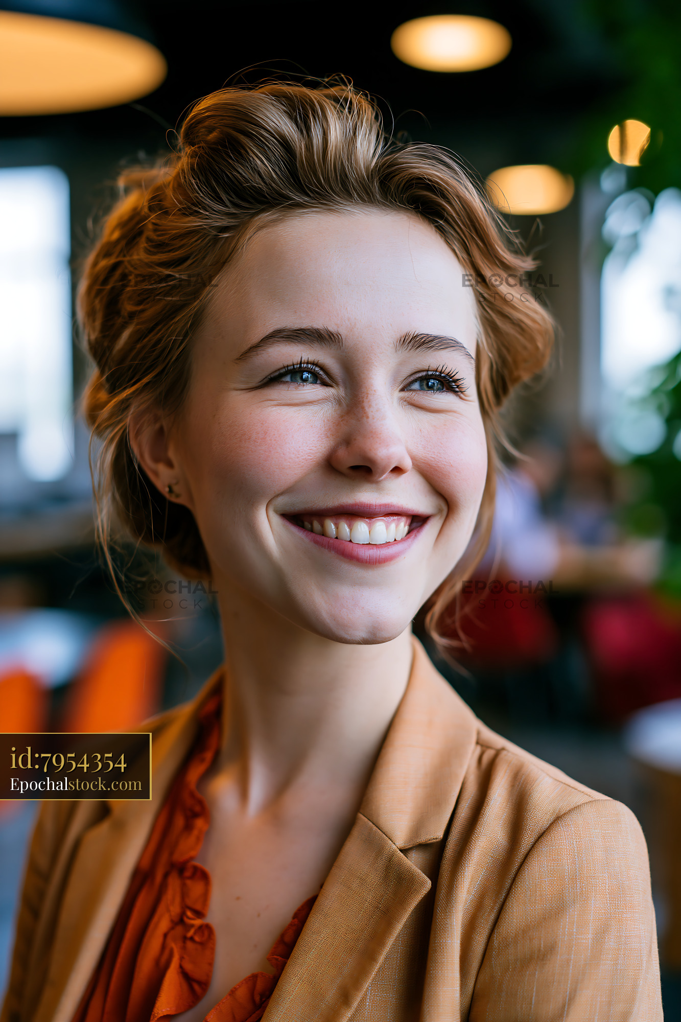 Woman Smiling in Office With Bright Lights and Casual Setting - stock photo
