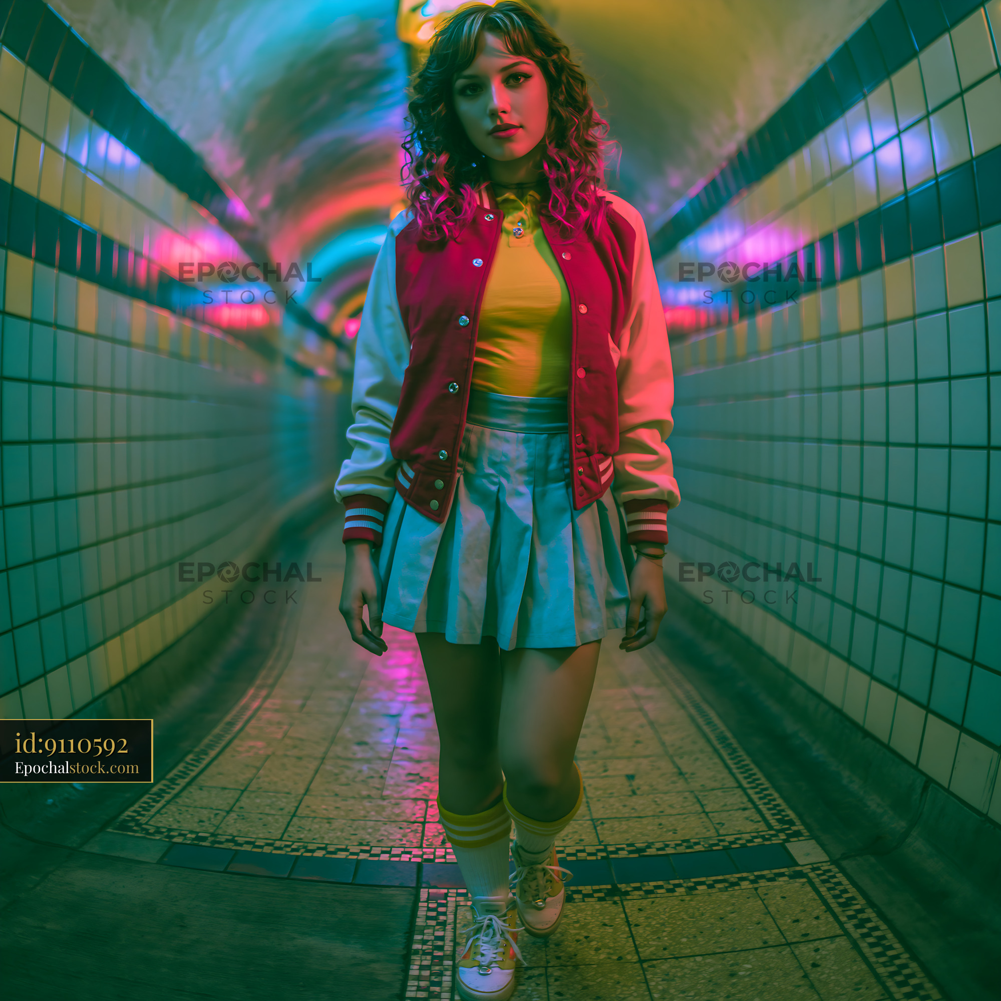 Watermarked full-resolution preview of Woman in colorful streetwear walking through neon tunnel