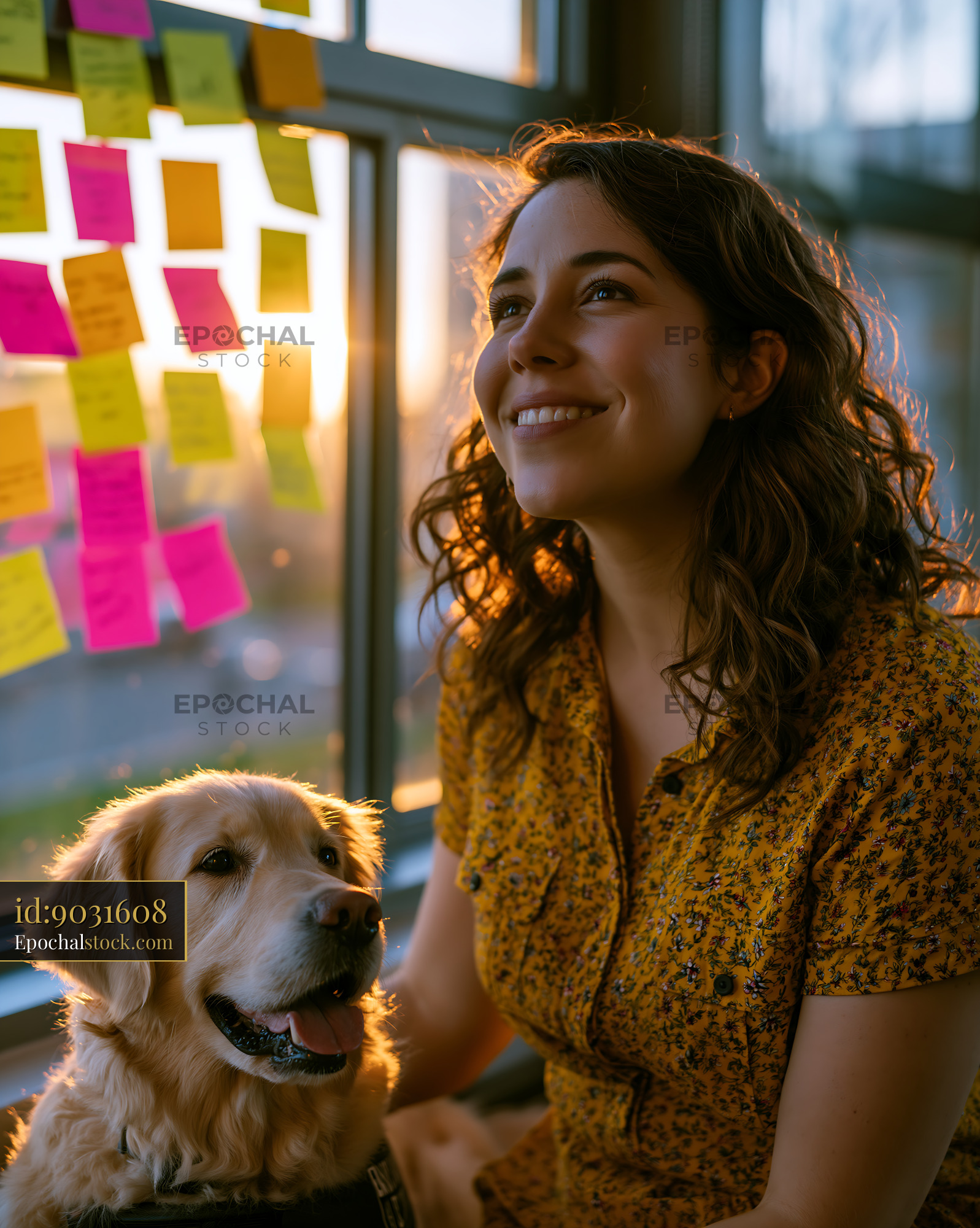 Watermarked full-resolution preview of Young woman sits by window with golden retriever during sunset