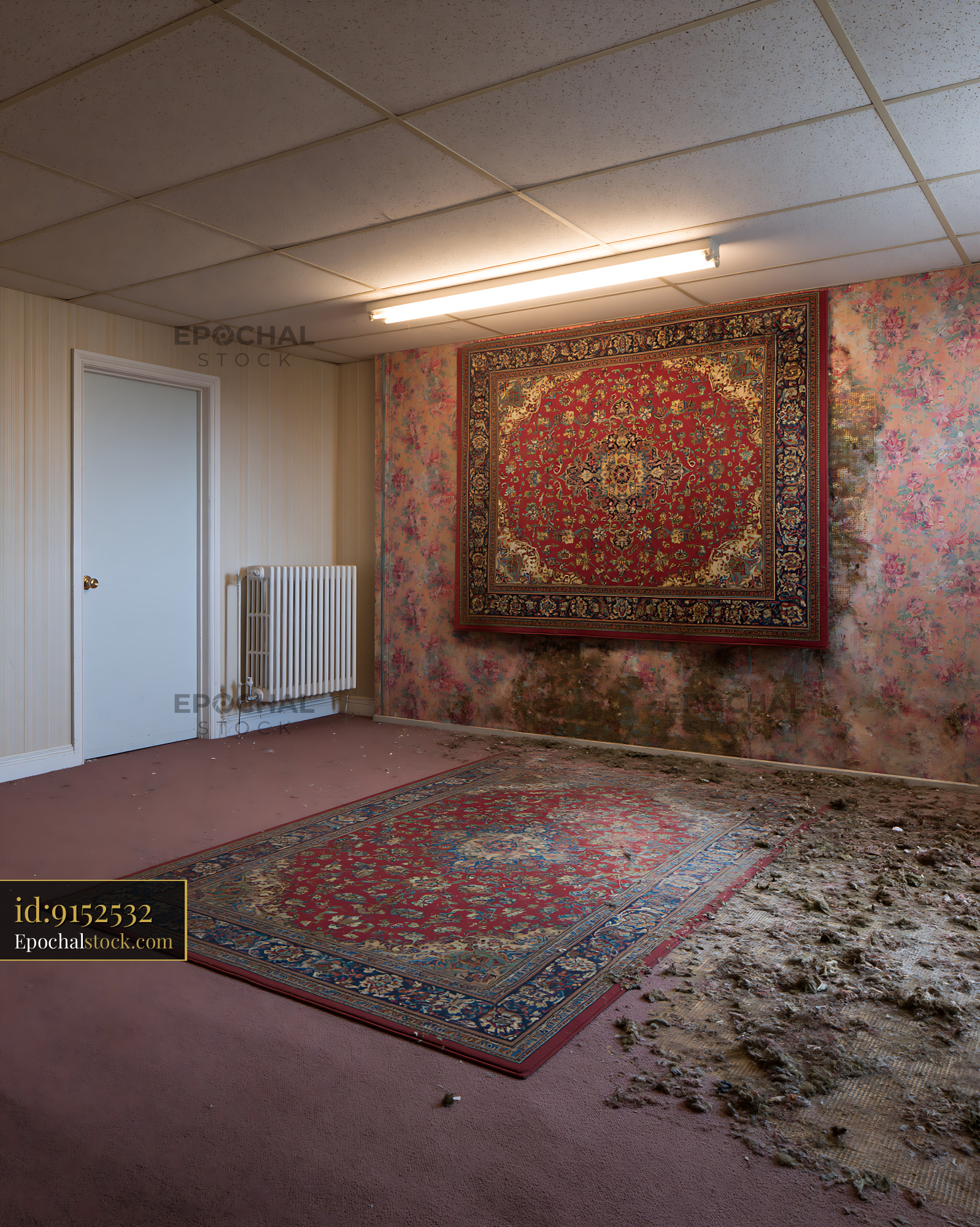 Faded Room With an Oriental Rug and Peeling Wallpaper - stock photo