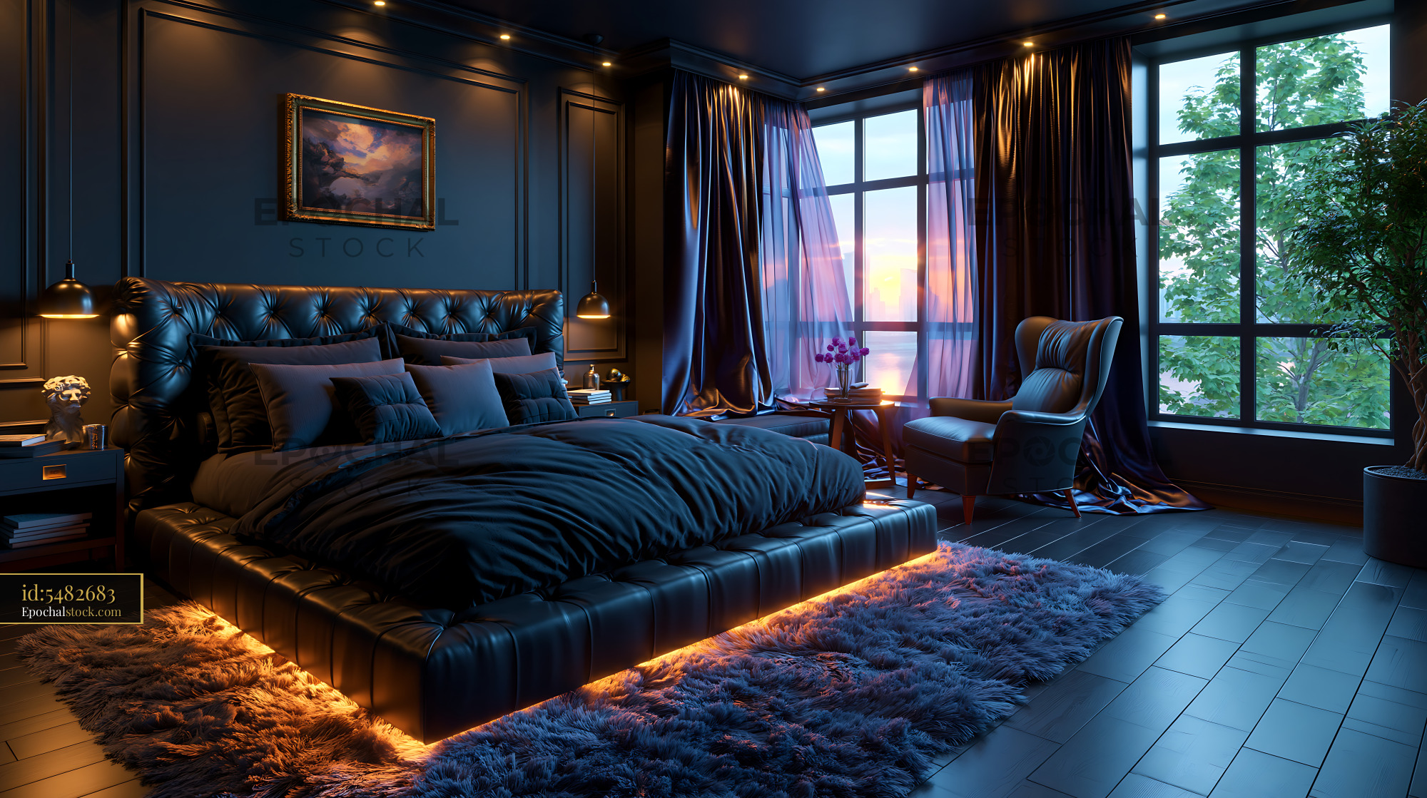 Watermarked full-resolution preview of Elegant bedroom interior with leather bed and warm evening light